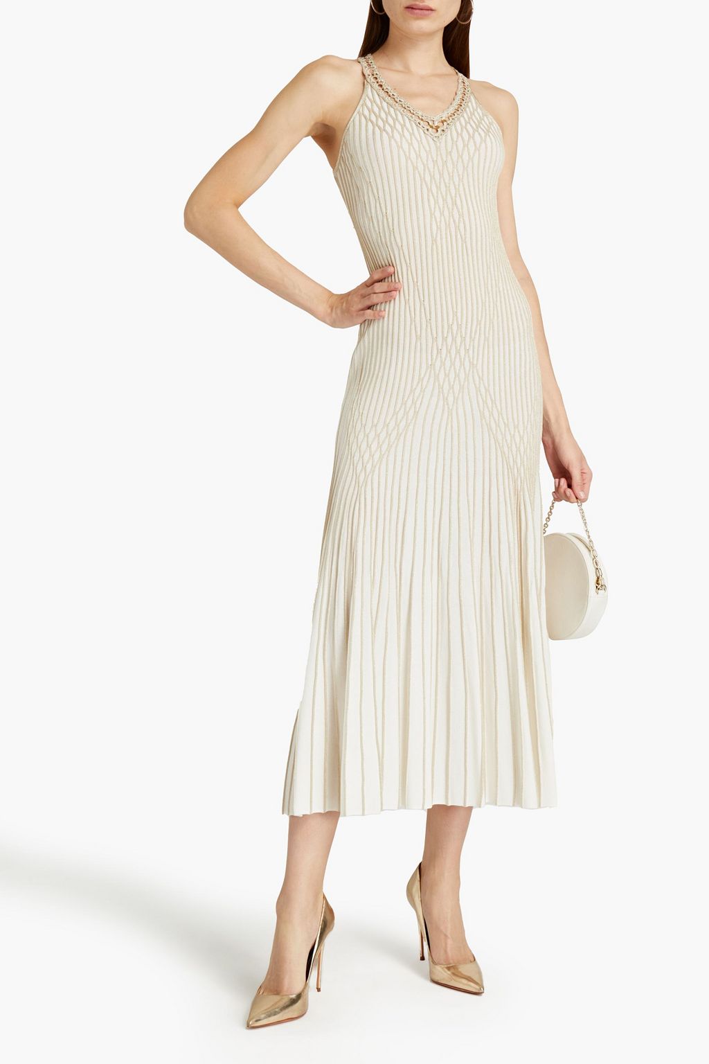 ROBERTO CAVALLI Crochet-trimmed metallic knitted midi dress