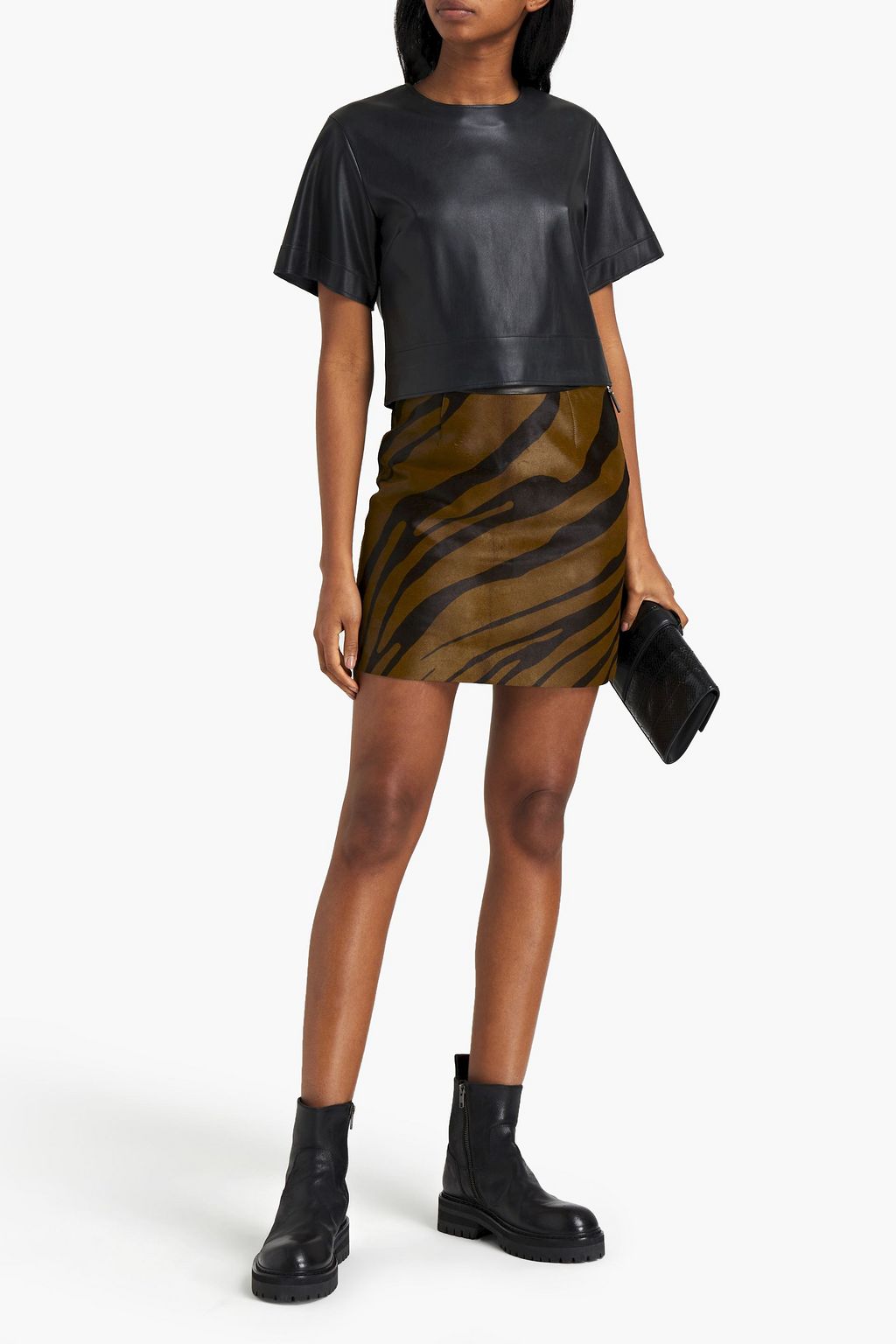 ROBERTO CAVALLI Leather-trimmed tiger-print calf hair mini skirt