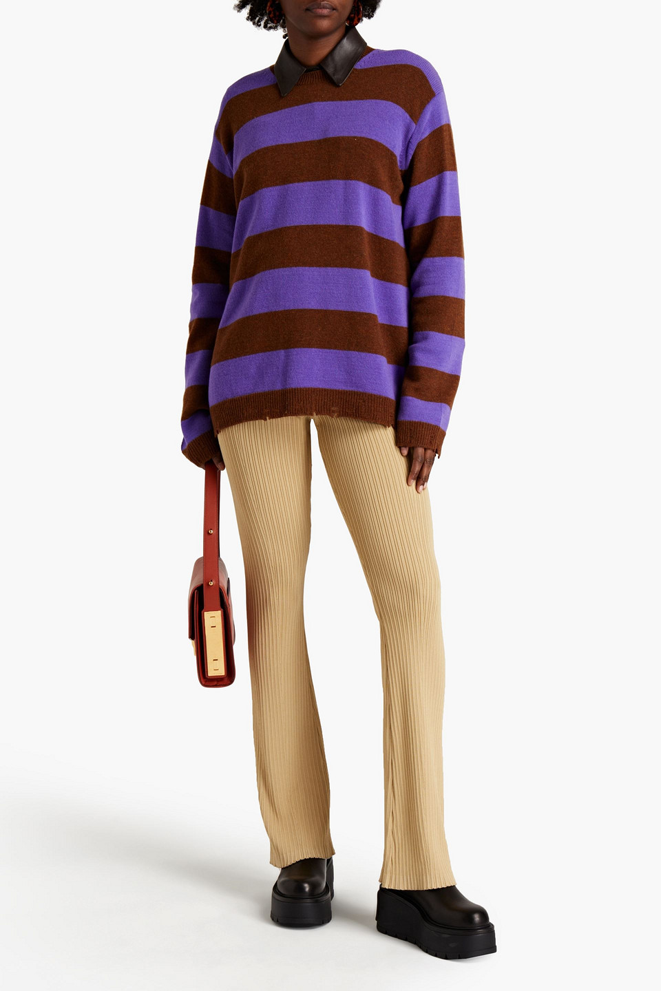 Marc Jacobs Distressed Striped Wool Jumper In Purple