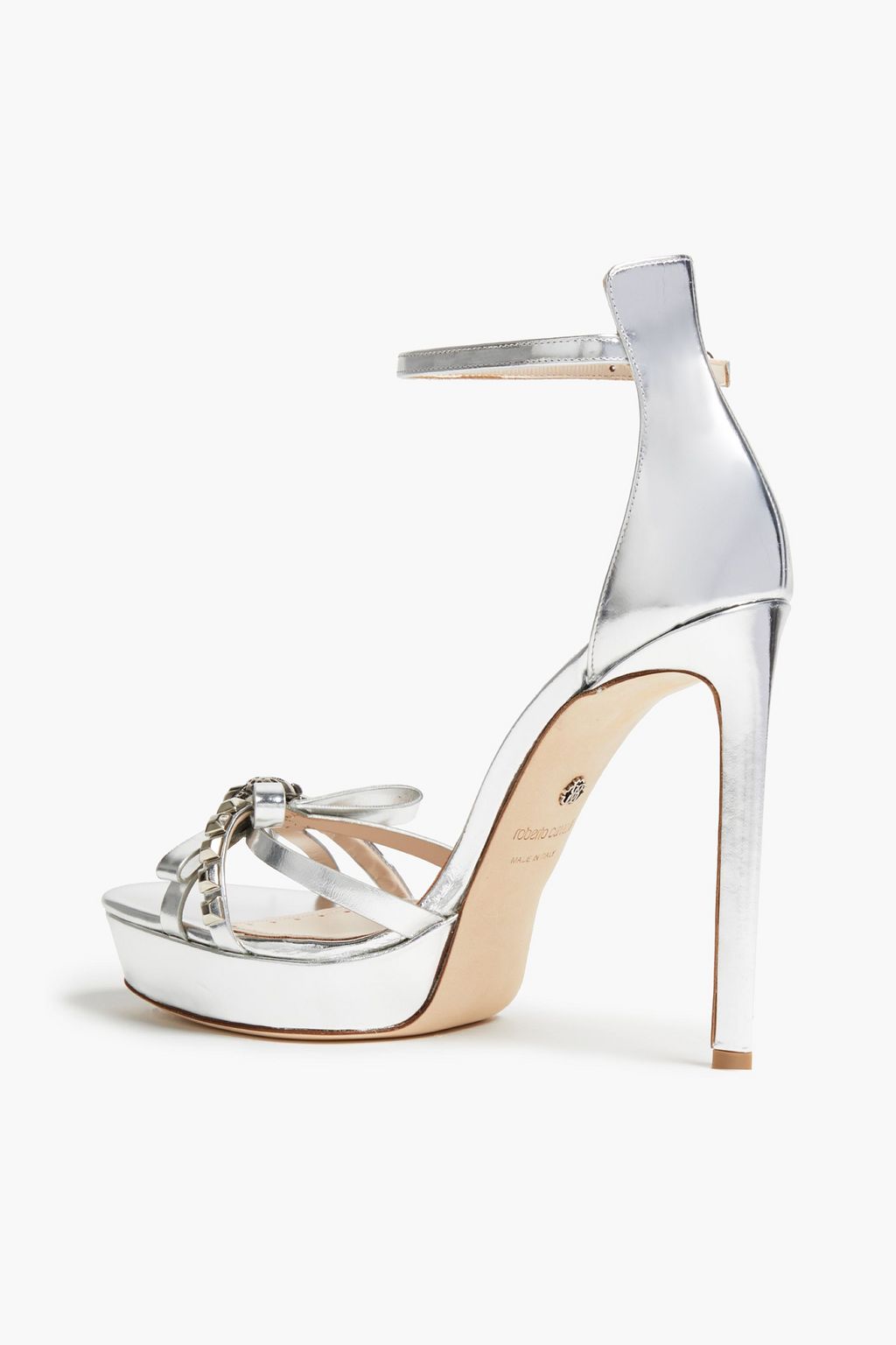 ROBERTO CAVALLI Embellished metallic leather platform sandals