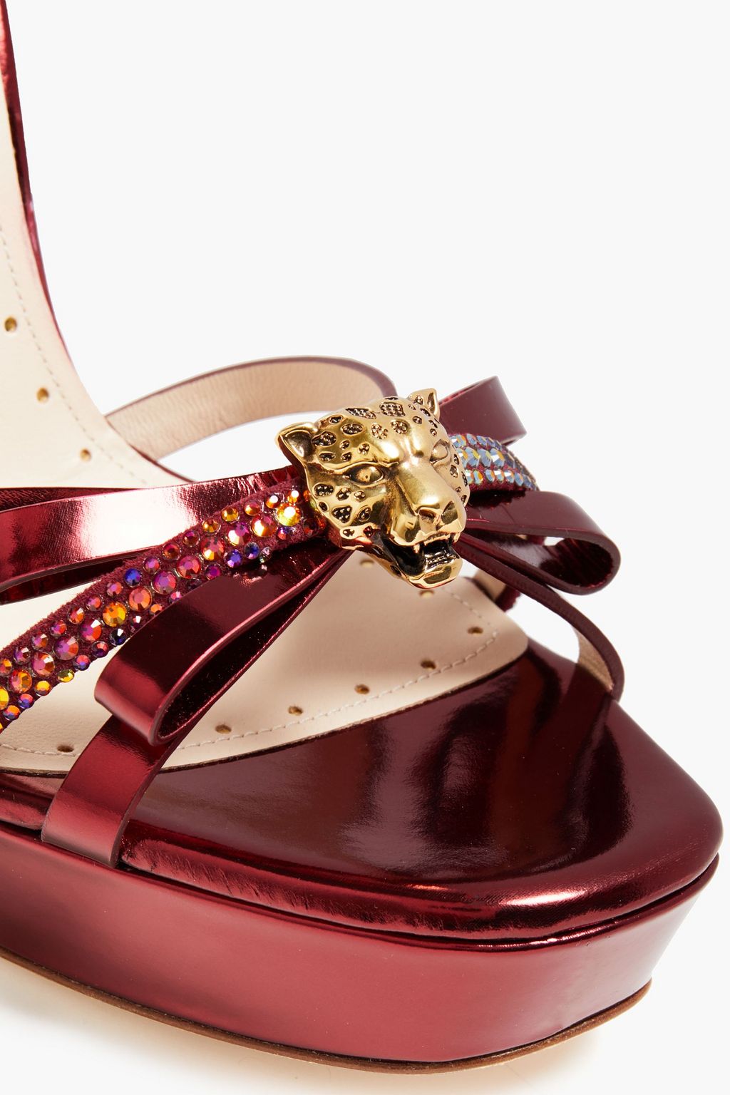 ROBERTO CAVALLI Embellished metallic leather platform sandals