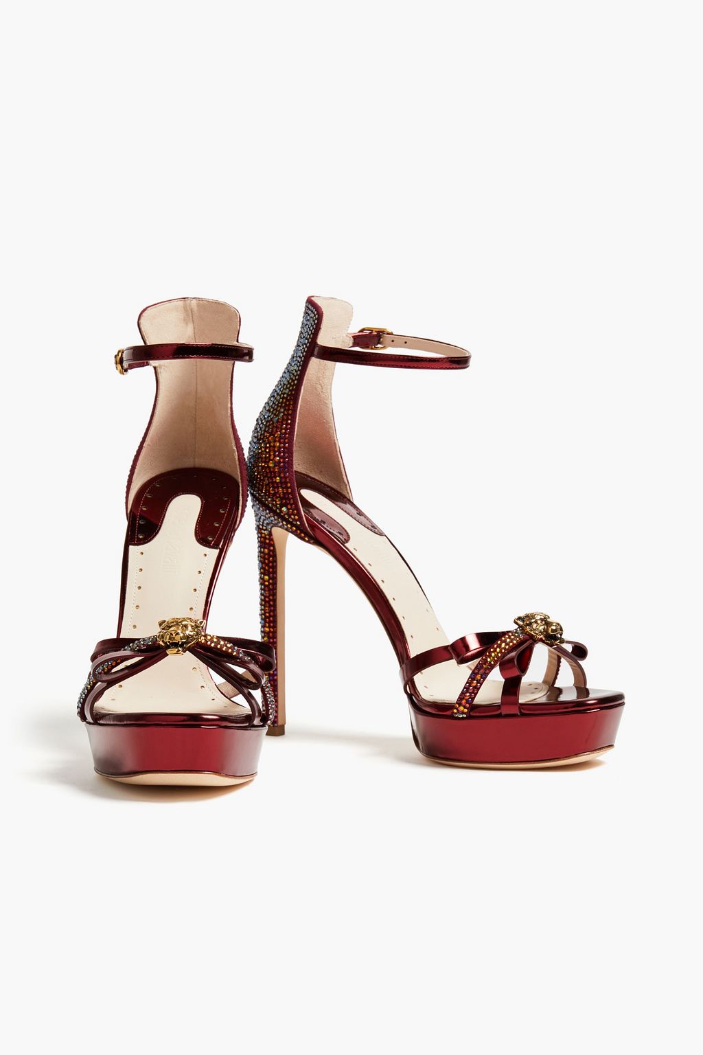 ROBERTO CAVALLI Embellished metallic leather platform sandals