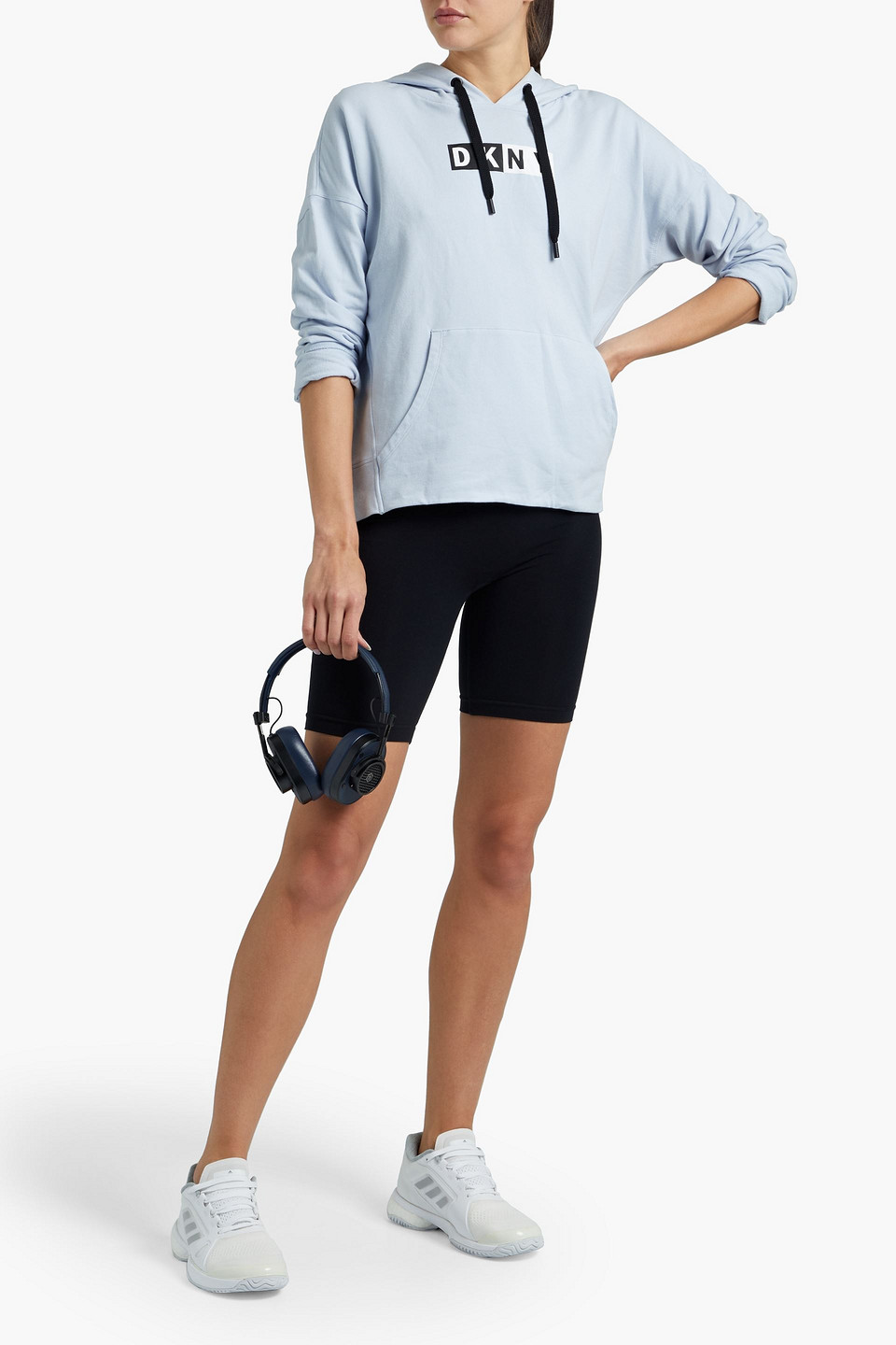 Dkny Printed Cotton-blend Fleece Hoodie In Sky Blue