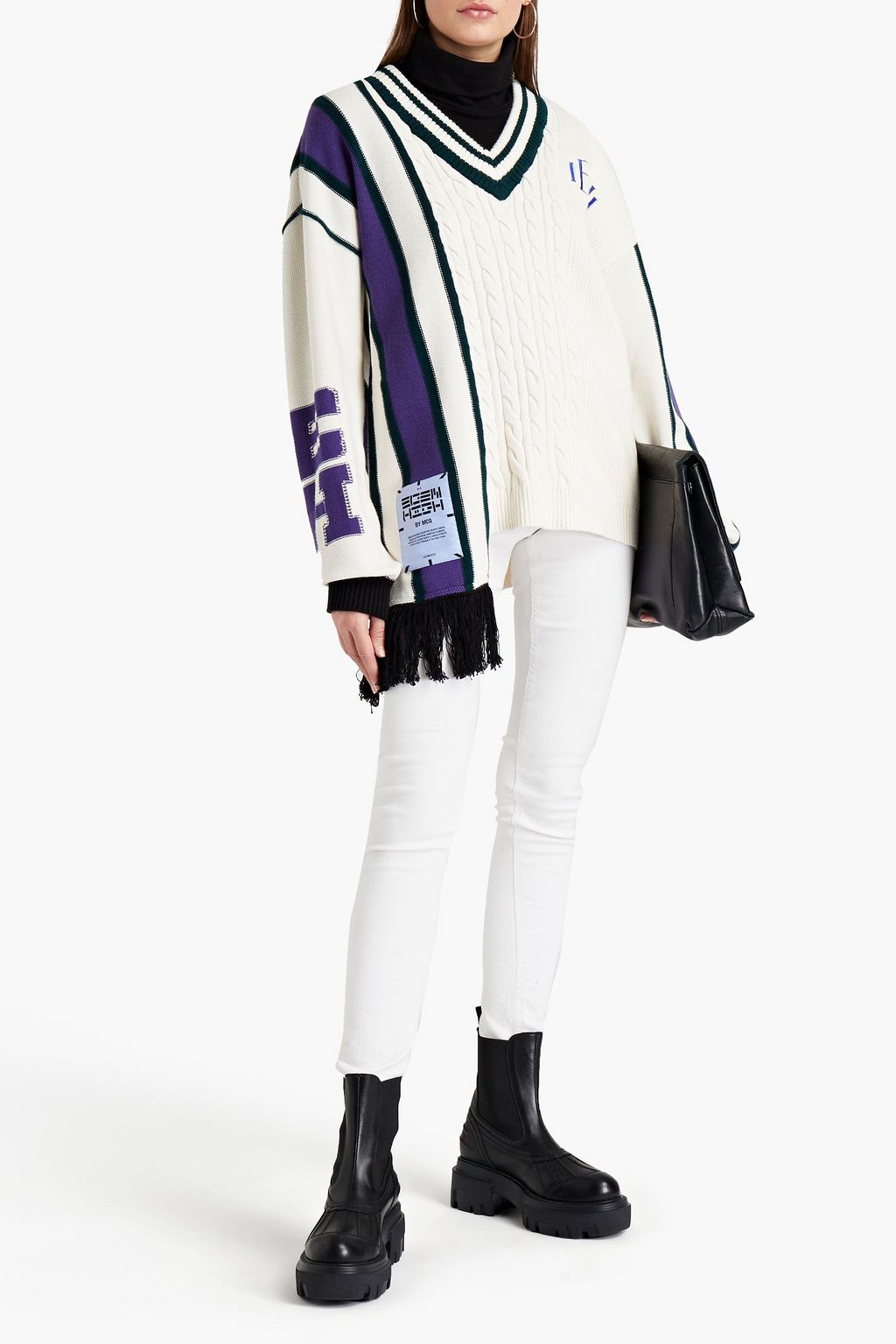 MCQ ALEXANDER MCQUEEN Appliquéd striped cable-knit cotton-blend sweater