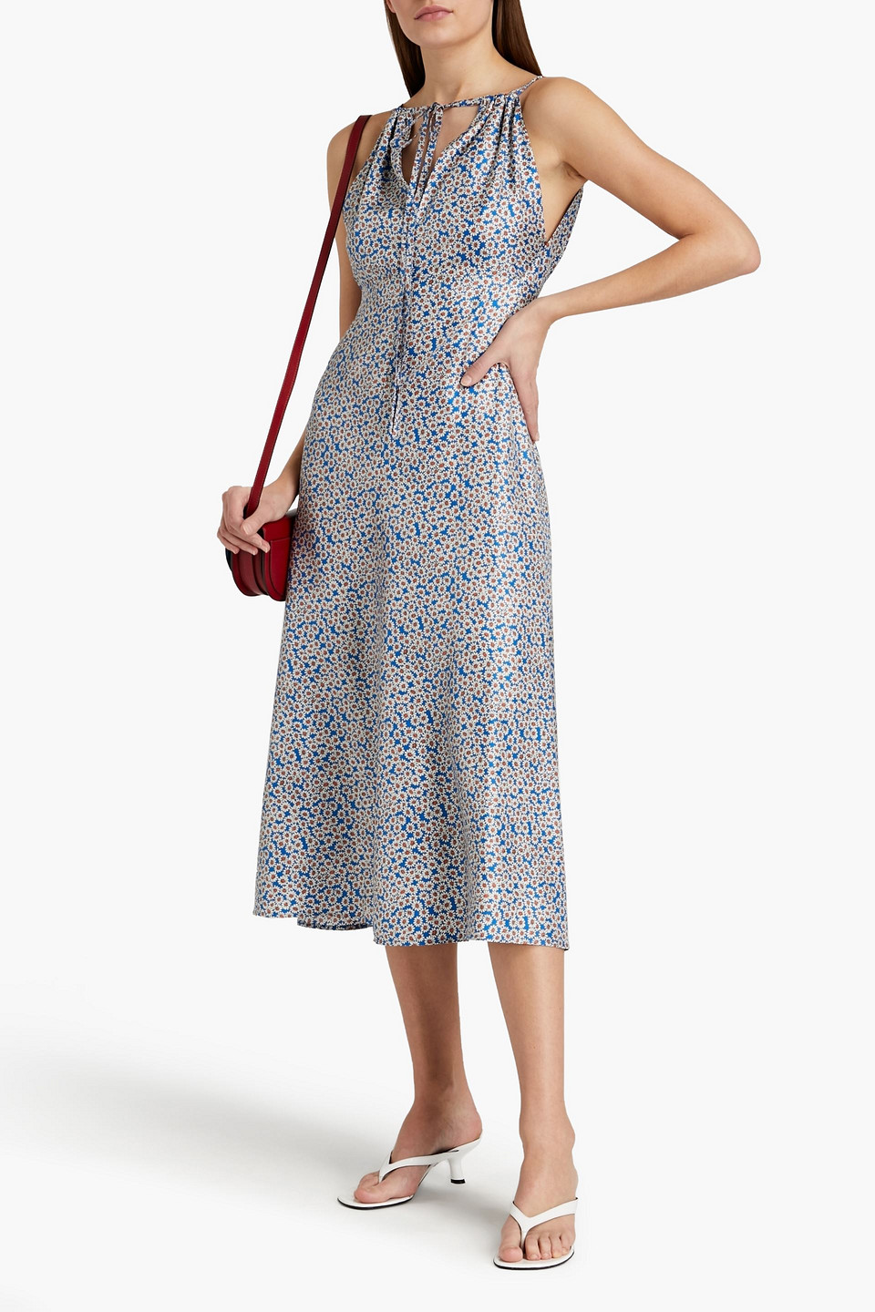 Blue Floral Silk Twill Midi Dress Blue Floral Long Sleeve Midi Dress - All  Dresses