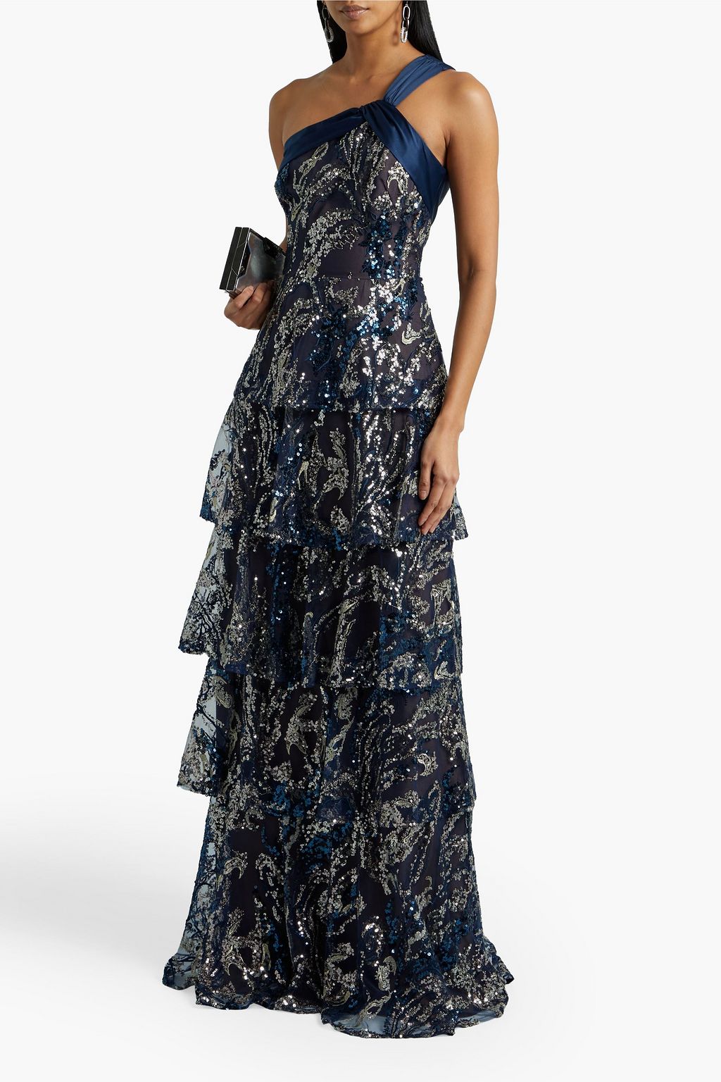 MARCHESA NOTTE One-shoulder tiered embellished organza gown