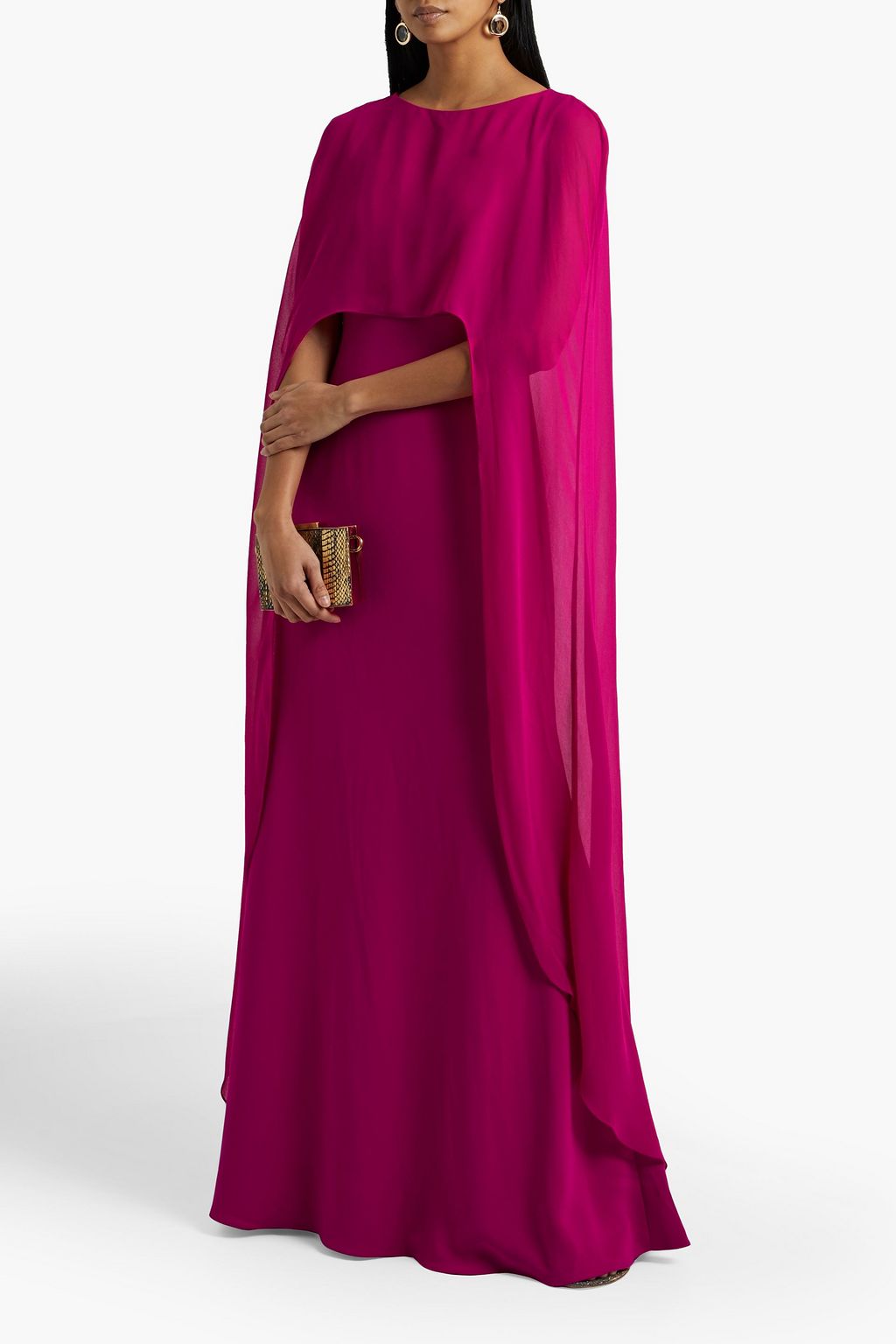BADGLEY MISCHKA Cape-back layered chiffon and crepe gown