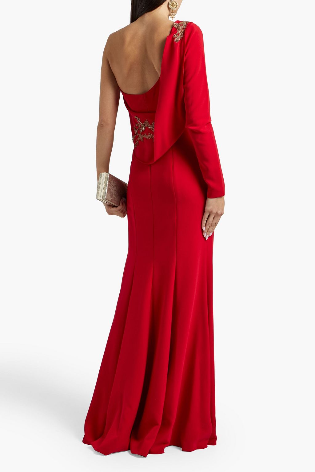 MARCHESA NOTTE One-sleeve embellished crepe gown
