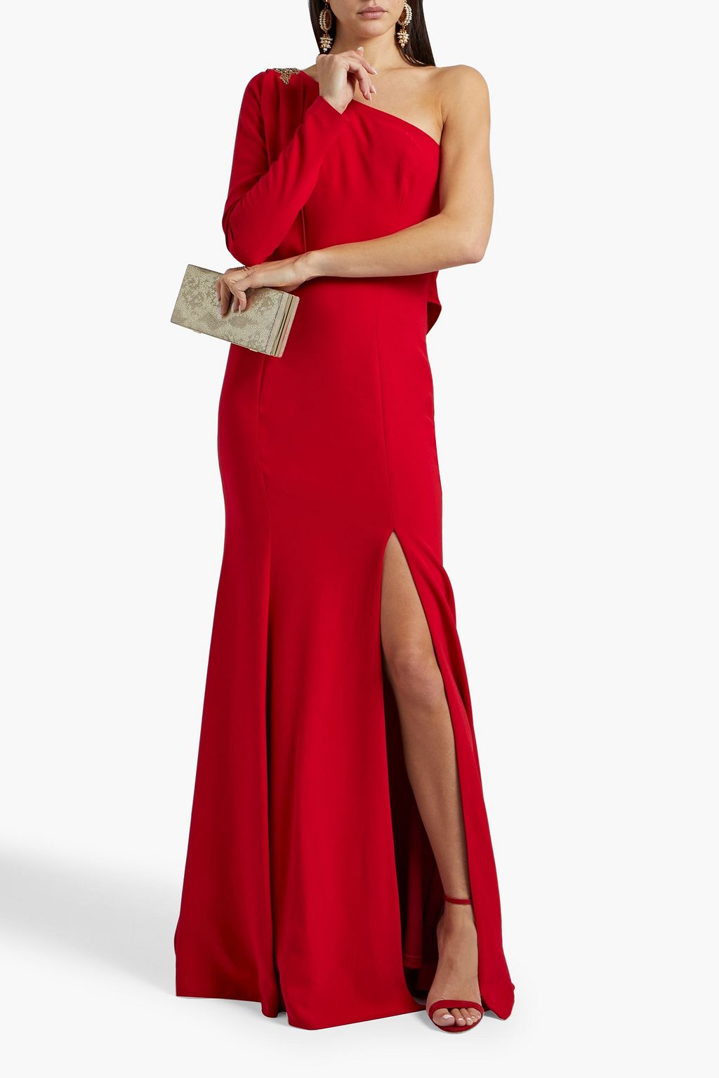 MARCHESA NOTTE One-sleeve embellished crepe gown
