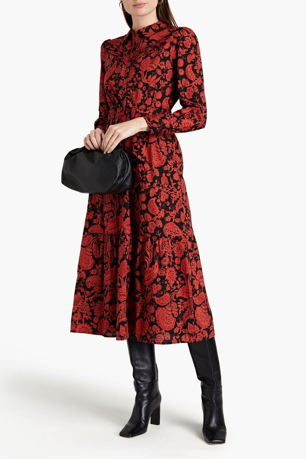 BA&SH Gathered printed cotton-poplin midi shirt dress