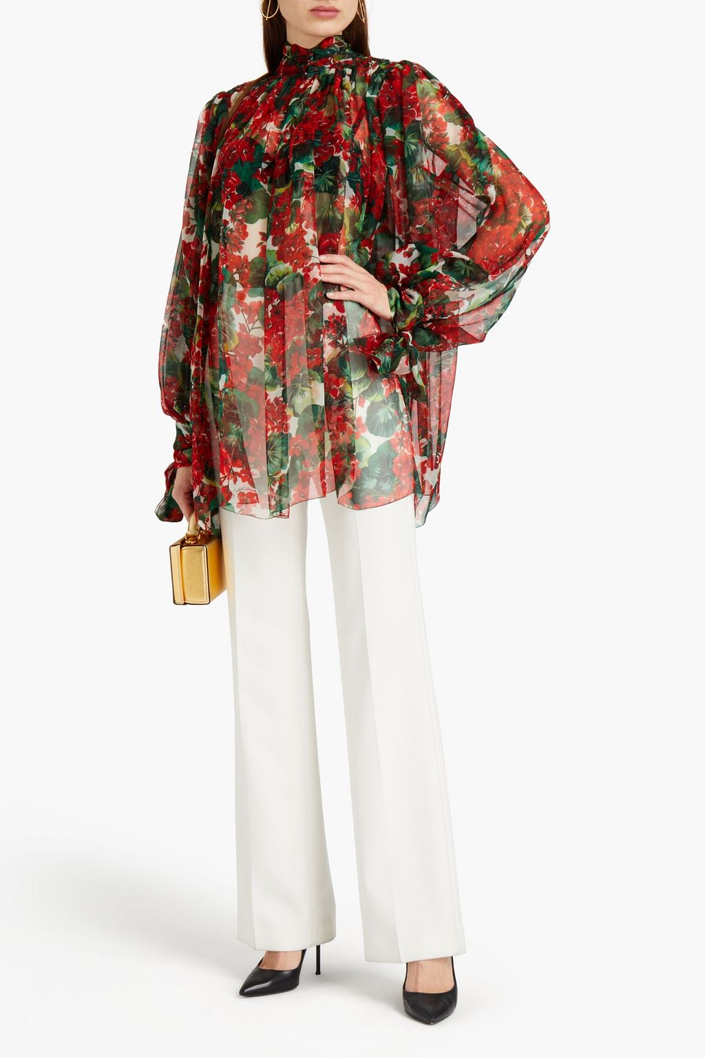 DOLCE&GABBANA Gathered floral-print silk-chiffon blouse
