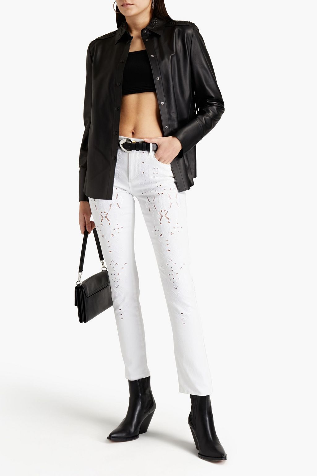 ROBERTO CAVALLI Broderie anglaise-trimmed embroidered high-rise skinny jeans