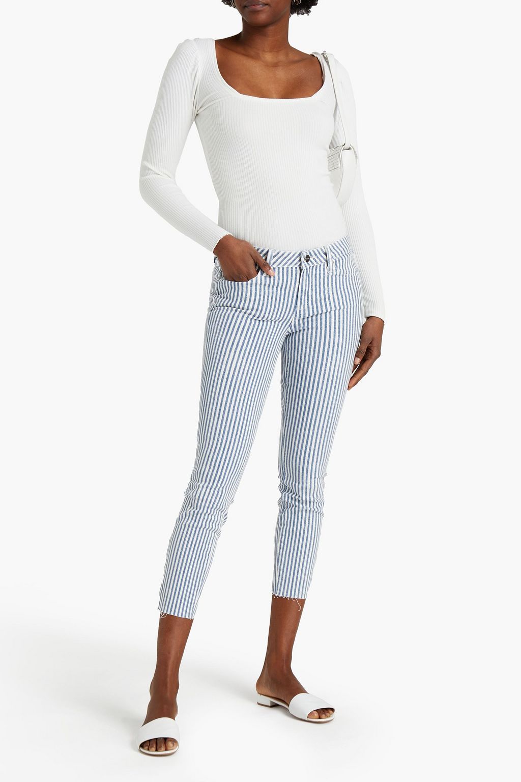 PAIGE Cropped striped mid-rise skinny jeans