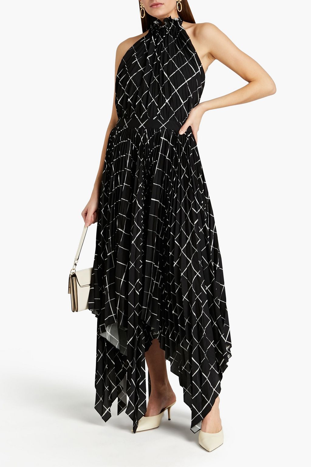 ALTUZARRA Dahlia asymmetric checked plissé crepe de chine halterneck midi dress