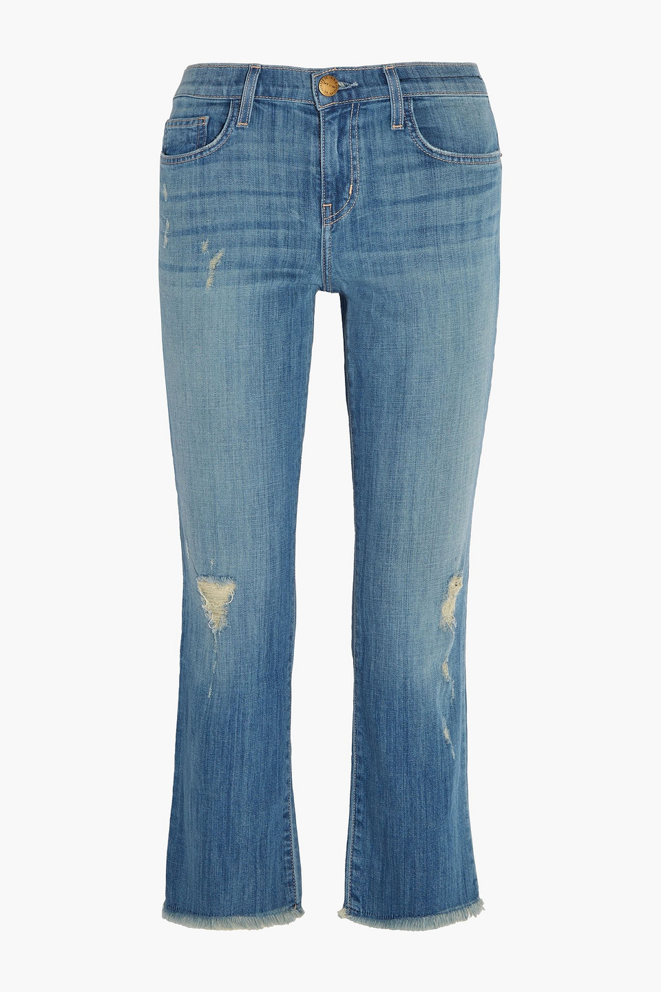 Distressed mid-rise kick-flare jeans