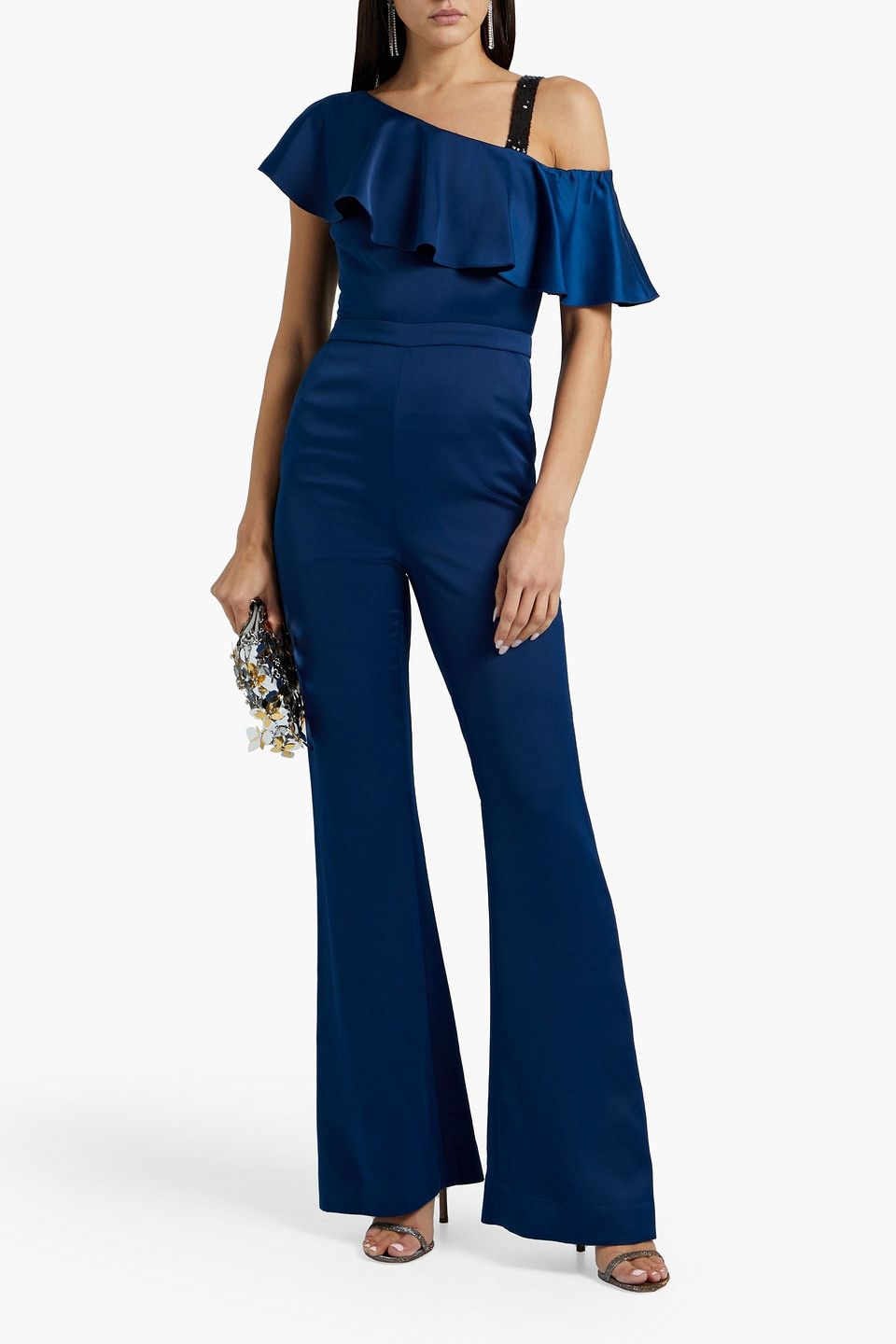 Rachel Zoe Cold-shoulder Ruffled Embellished Satin-crepe Jumpsuit In Navy