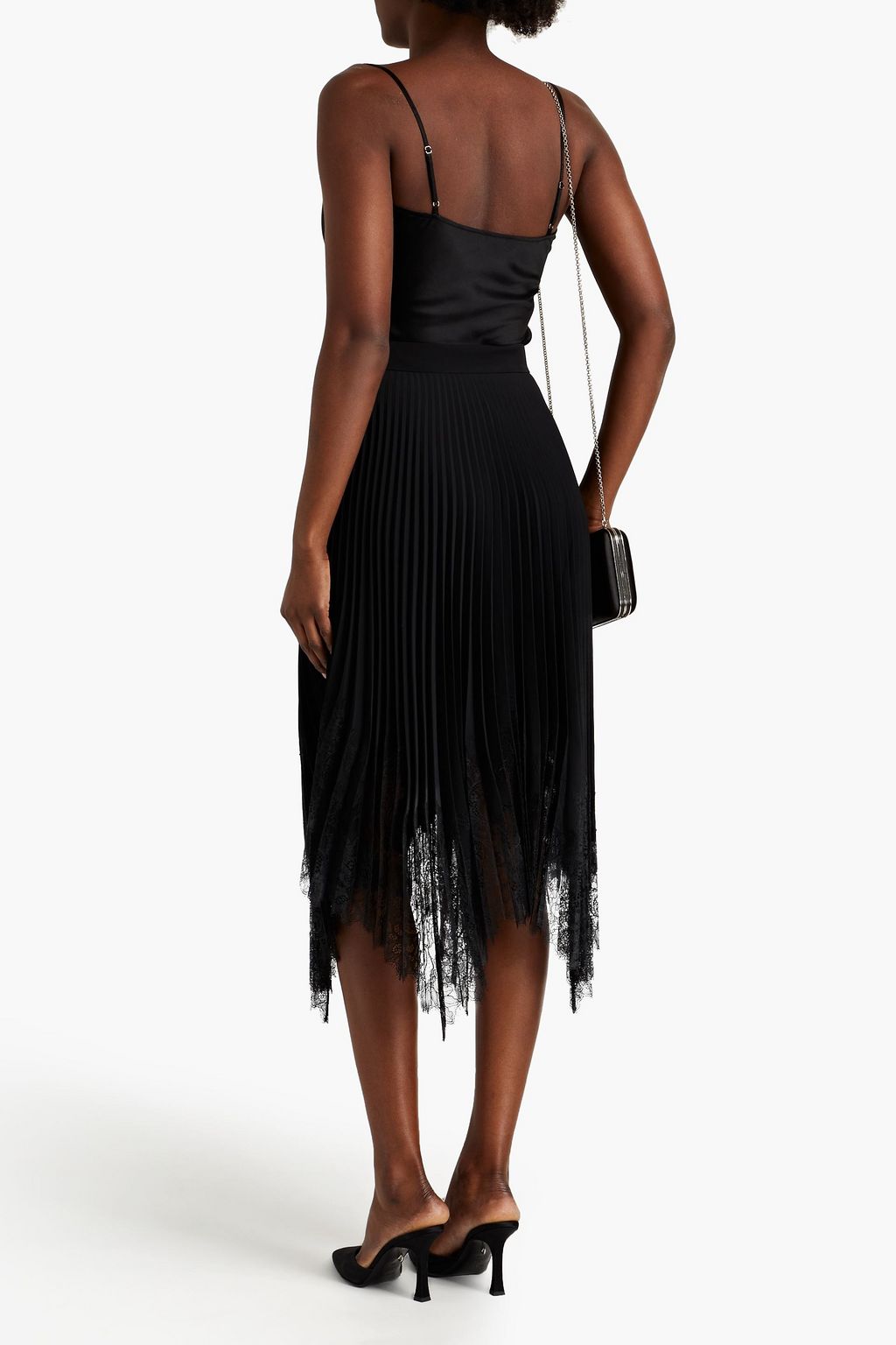 TORY BURCH Asymmetric lace-trimmed pleated cady midi skirt