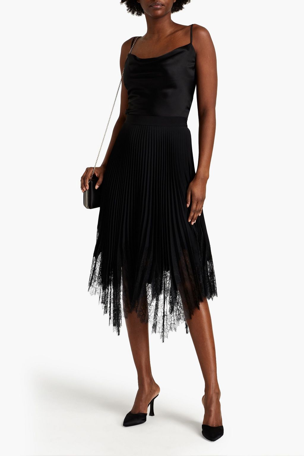 TORY BURCH Asymmetric lace-trimmed pleated cady midi skirt