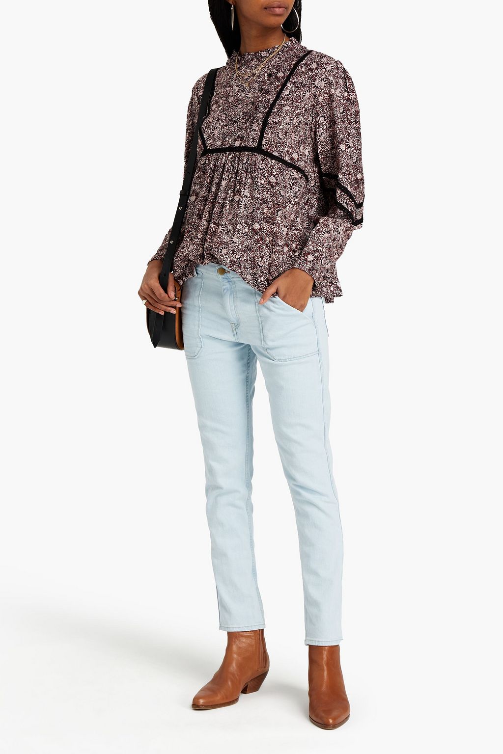 BA&SH Gwen crochet-trimmed gathered floral-print woven top