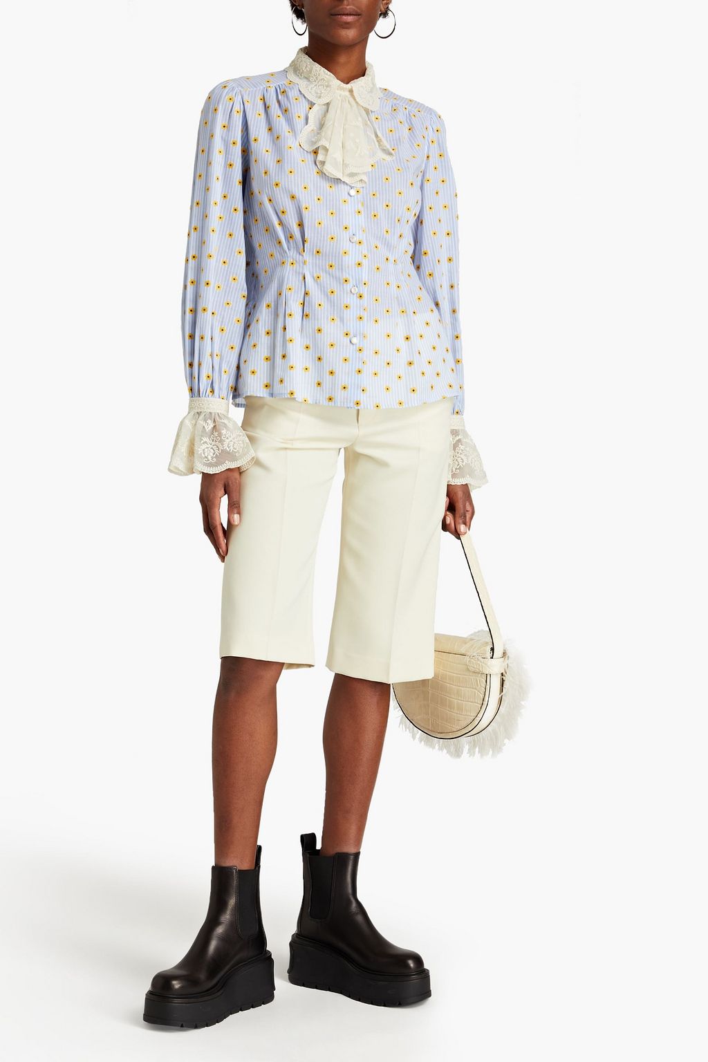 MARC JACOBS Embroidered pleated printed cotton-gauze blouse
