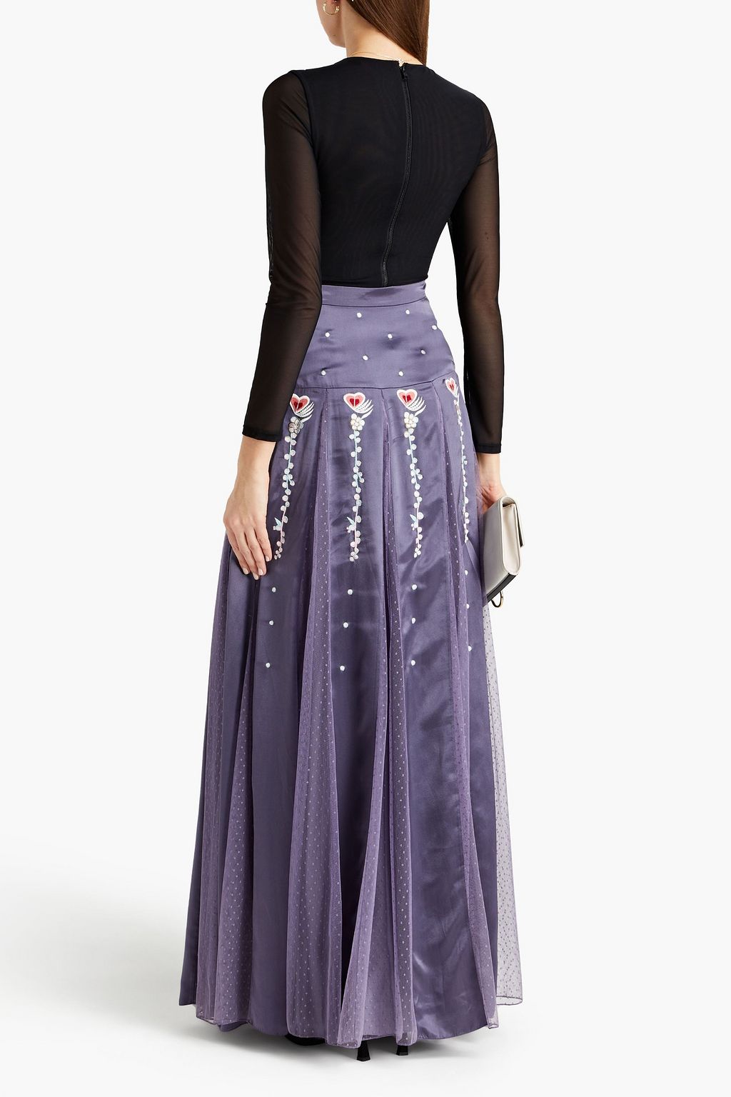 TEMPERLEY LONDON Firebird point d'esprit-paneled embroidered satin maxi skirt