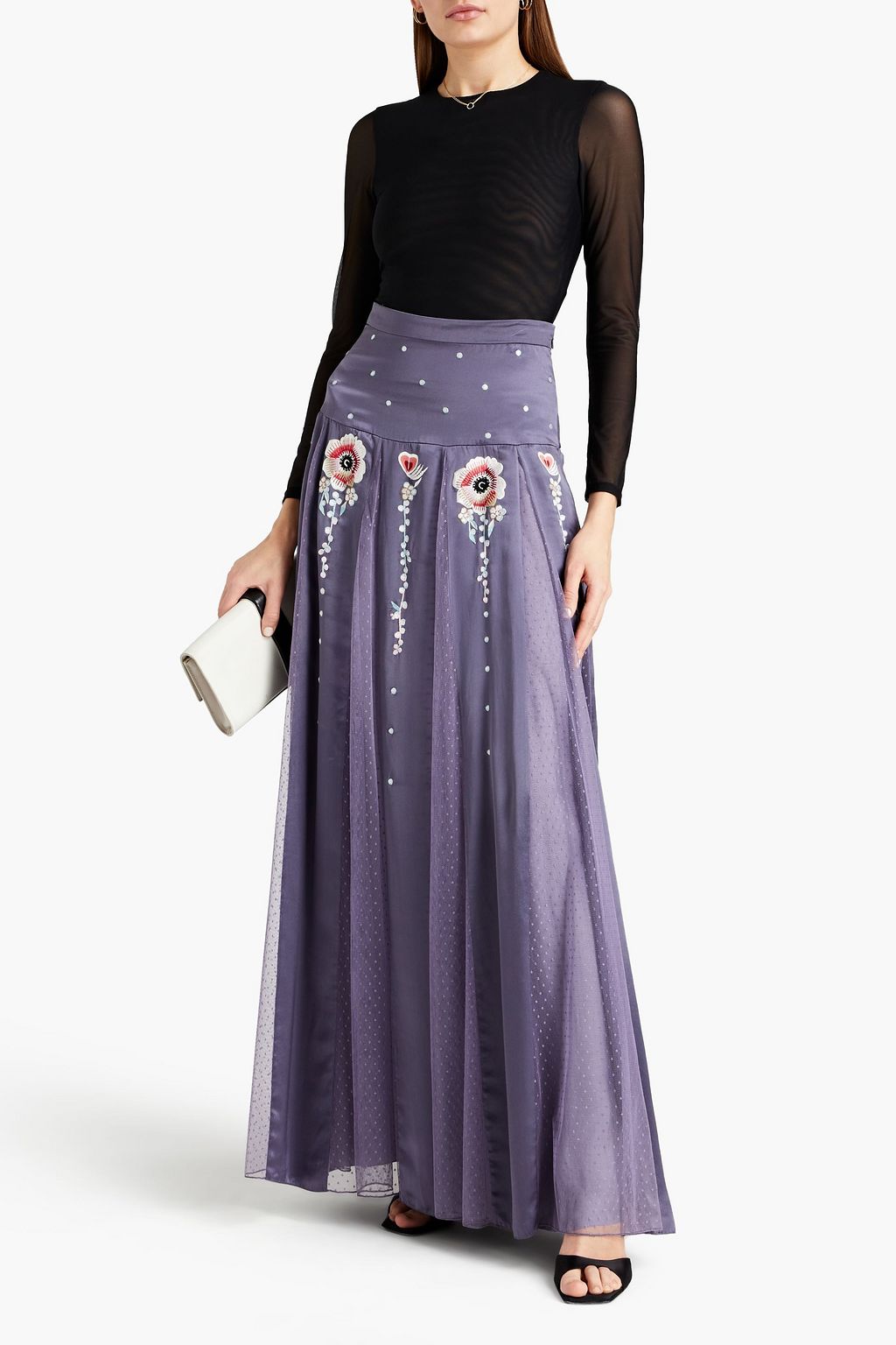 TEMPERLEY LONDON Firebird point d'esprit-paneled embroidered satin maxi skirt