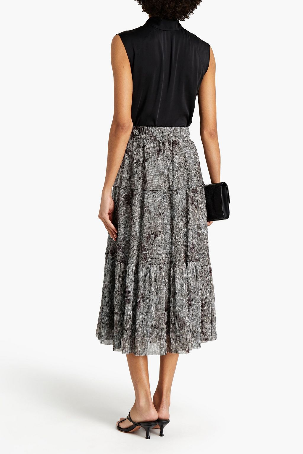 BA&SH Land tiered metallic floral-print knitted midi skirt