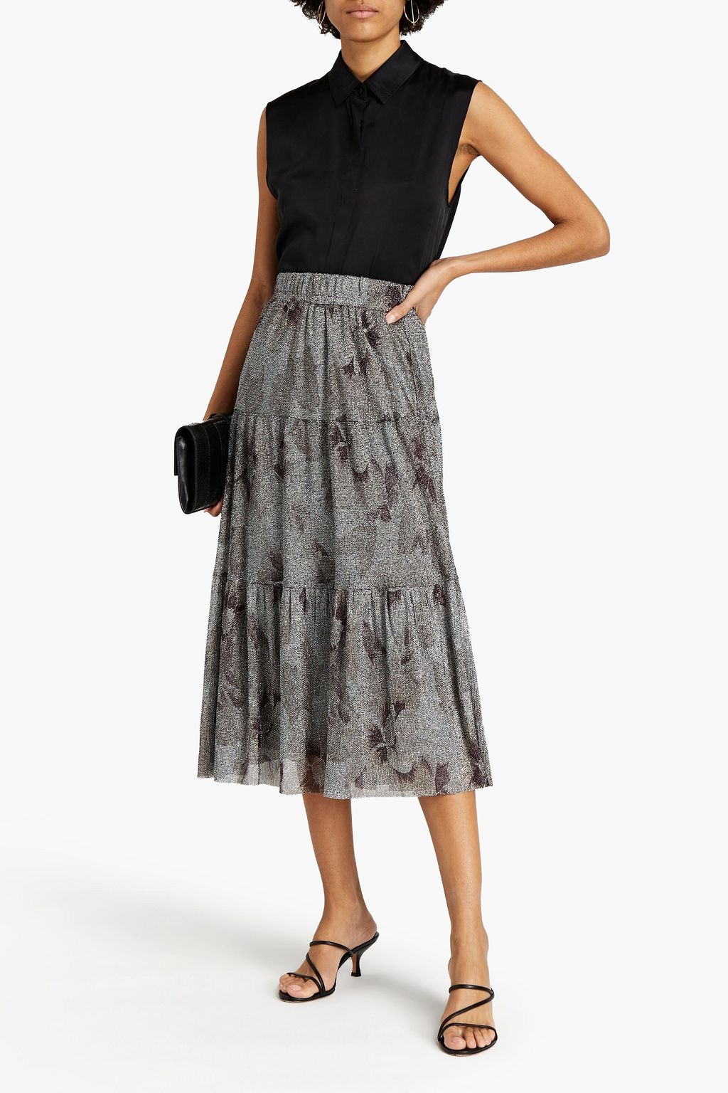 BA&SH Land tiered metallic floral-print knitted midi skirt