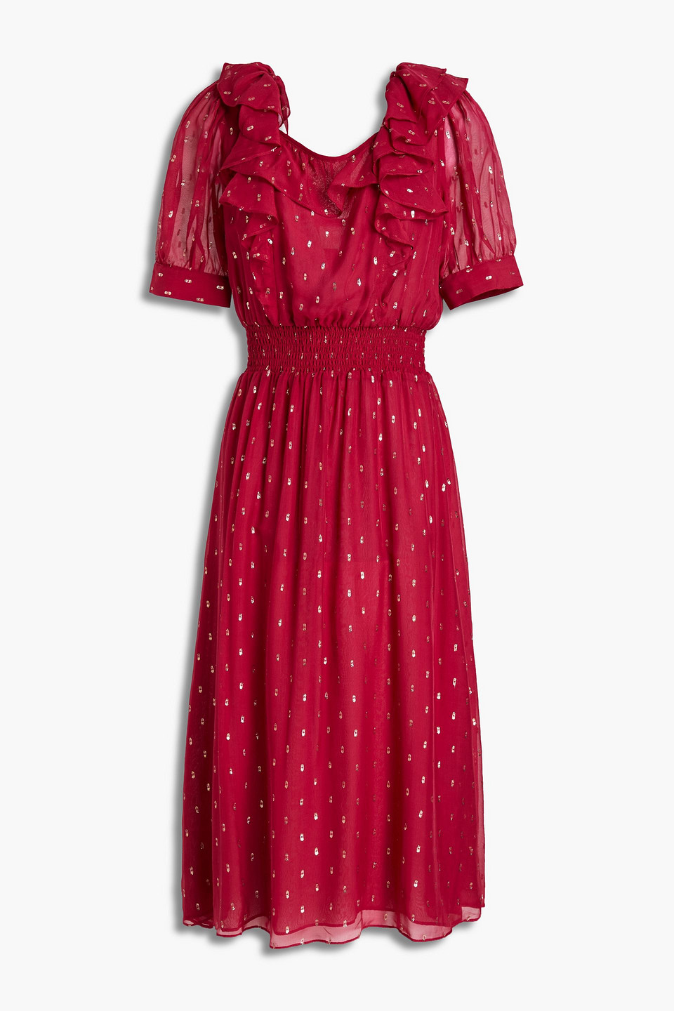 Ba&sh - Romeo ruffled metallic fil coupé georgette midi dress - Red - 0