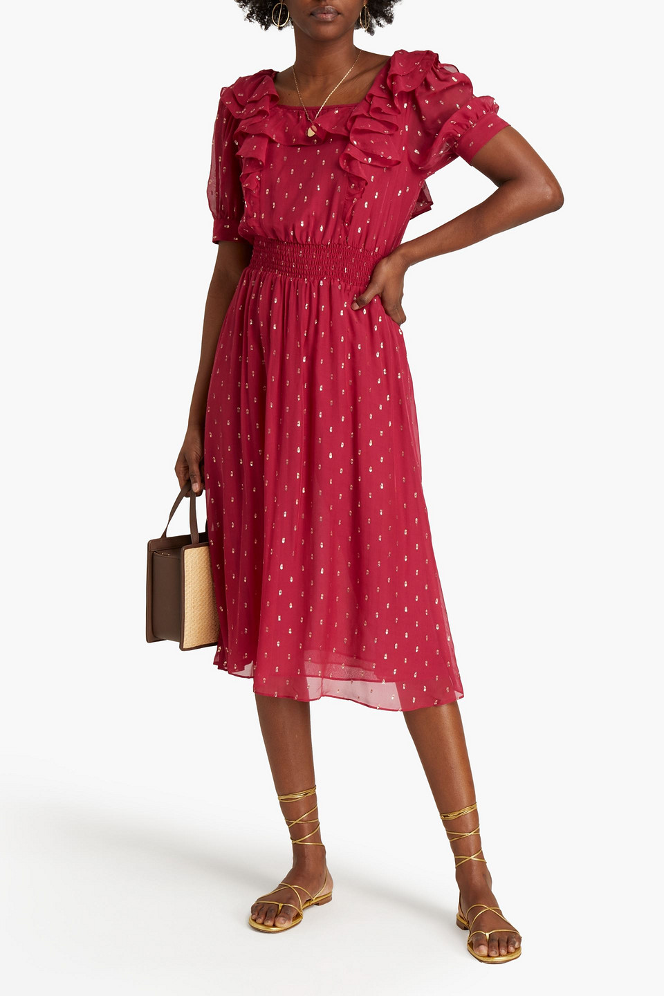 Ba&sh Romeo Ruffled Metallic Fil Coupé Georgette Midi Dress In Crimson