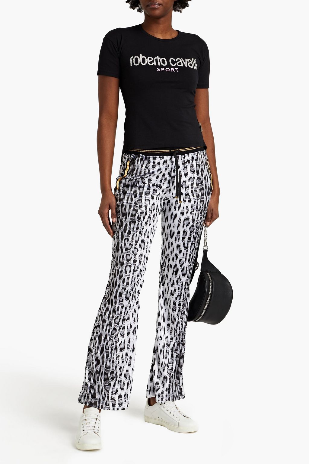 ROBERTO CAVALLI Metallic-trimmed leopard-print velvet bootcut pants