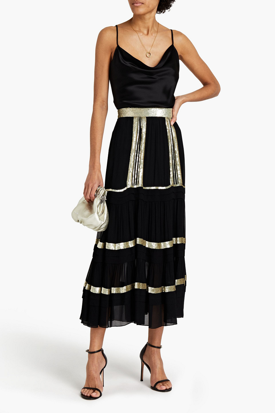 Temperley London Sable Embellished Gathered Georgette Midi Skirt In Black