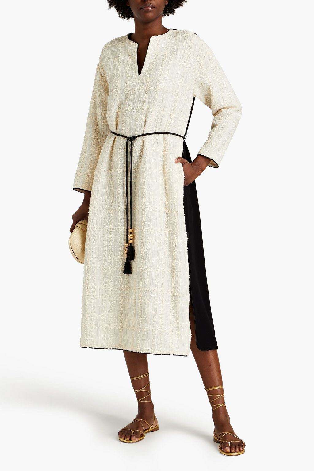 TORY BURCH Crepe-paneled bouclé-tweed midi dress