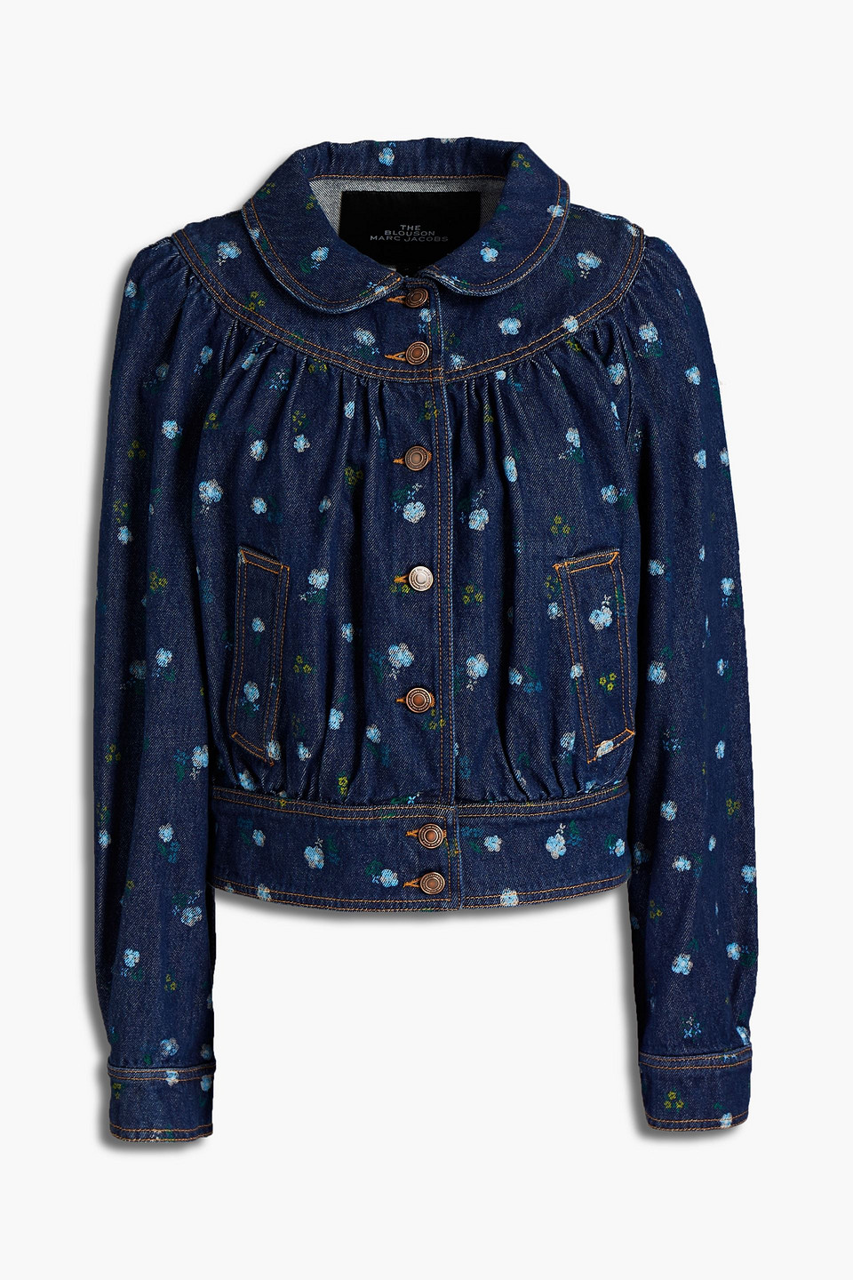 Marc Jacobs Woman Gathered Floral-print Denim Jacket Mid Denim Size L