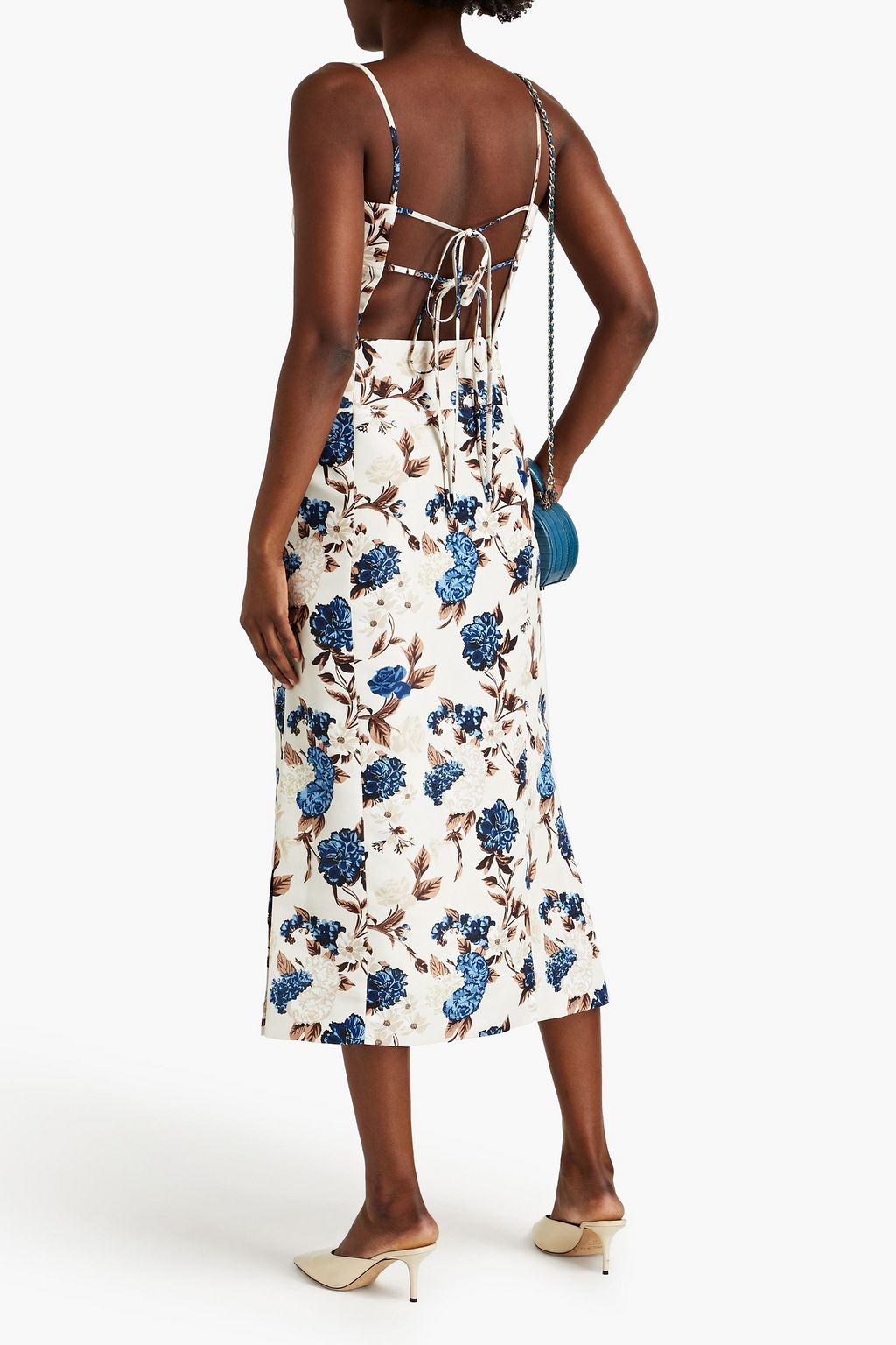 TORY BURCH Lace-up floral-print ottoman midi dress