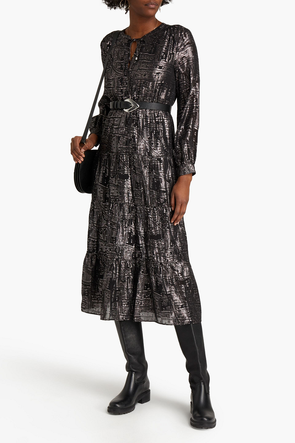 Ba&sh Sophie Metallic Fil Coupé Silk-blend Georgette Midi Dress In Black