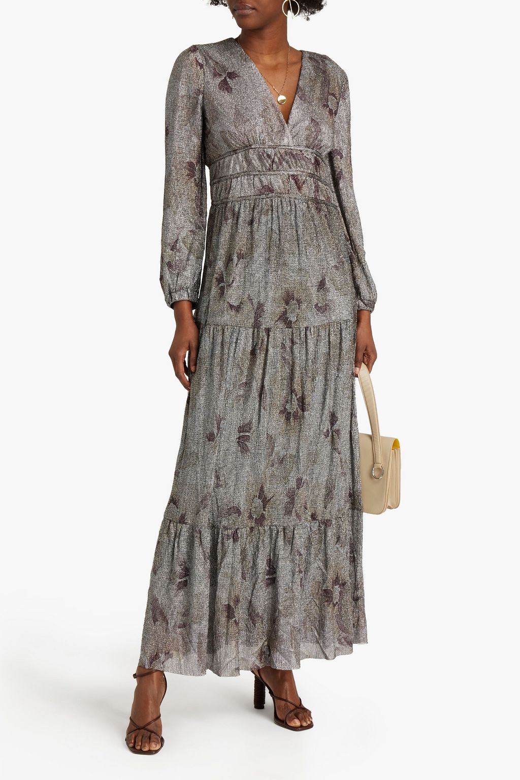 BA&SH Liha tiered metallic floral-print mesh maxi dress