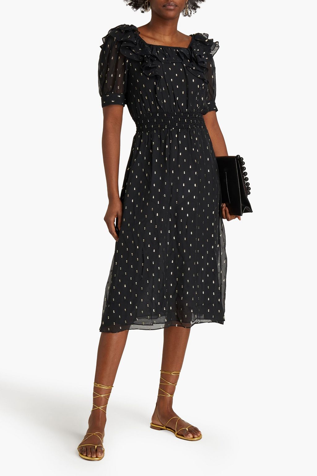 BA&SH Romeo Midikleid aus Georgette mit Metallic-Fil-Coupé und Rüschen