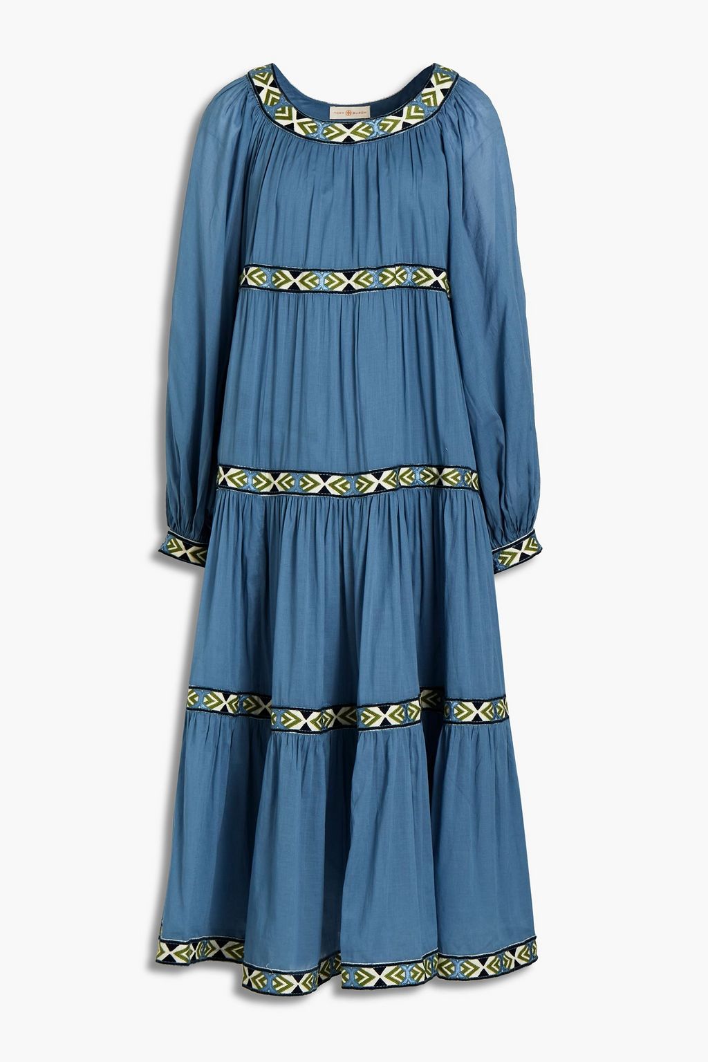 Slate blue Embroidered gathered cotton-voile midi dress | TORY BURCH | THE  OUTNET