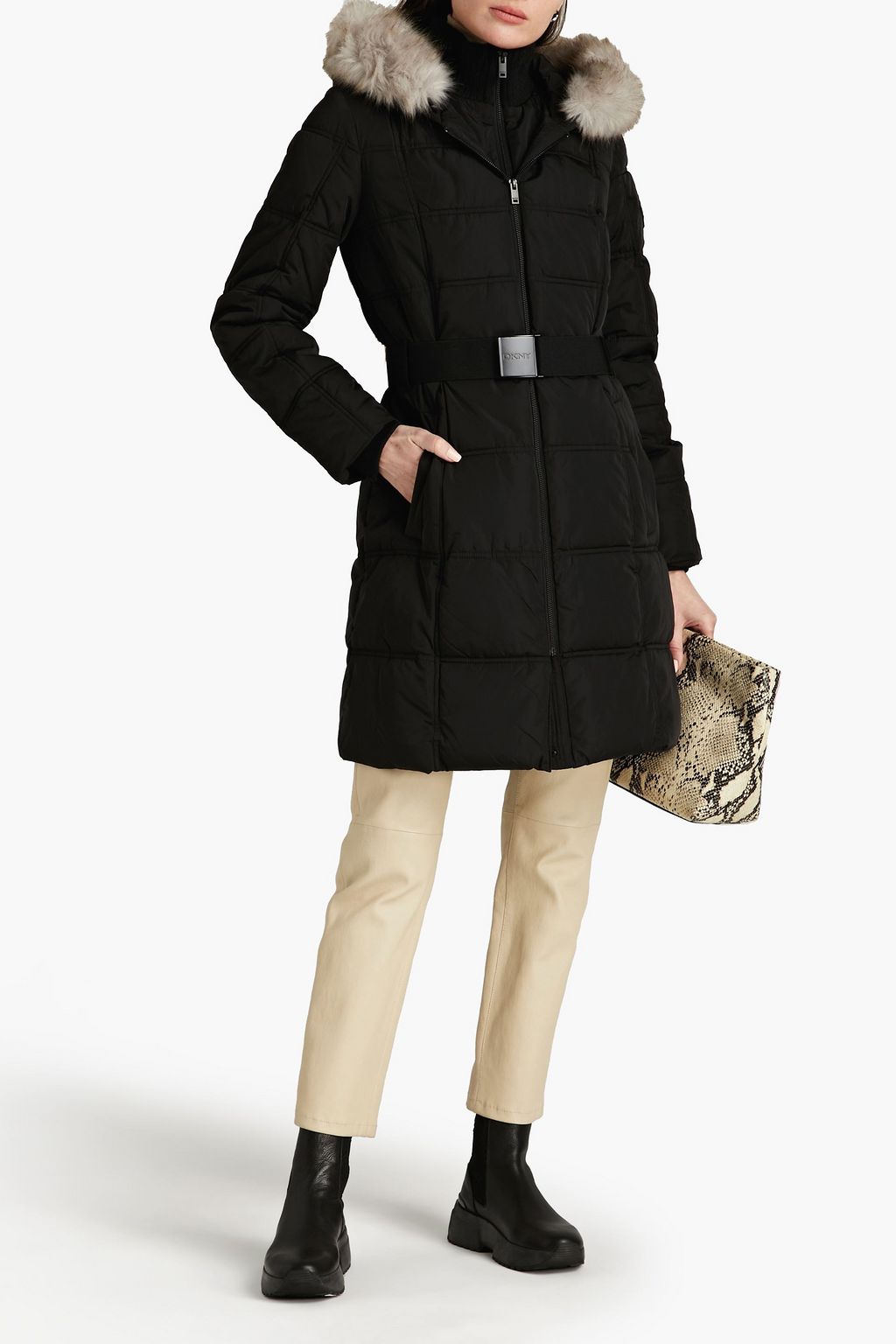 DKNY Faux fur-trimmed quilted shell hooded coat