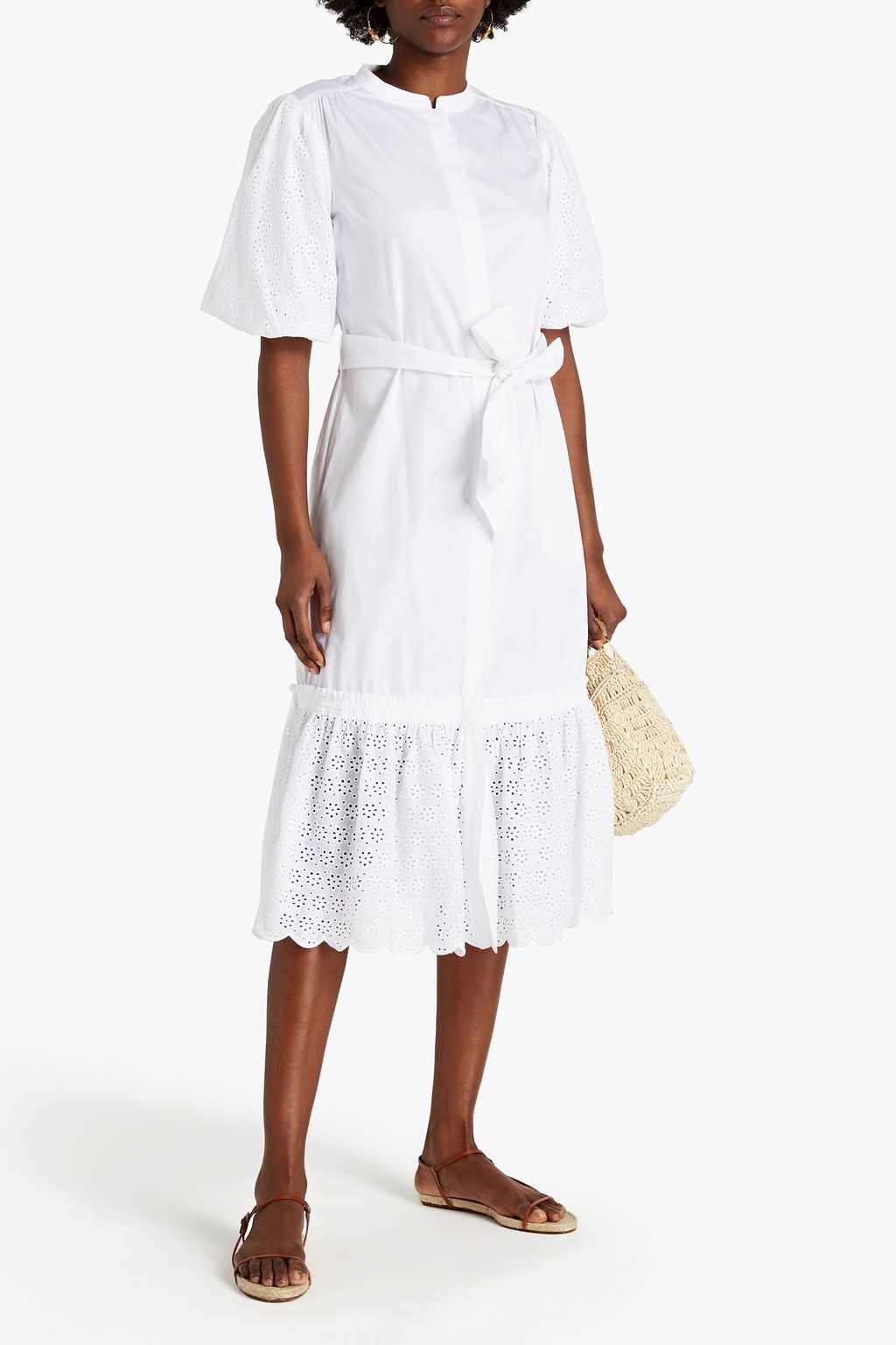 TORY BURCH Broderie anglaise-paneled cotton-poplin midi dress