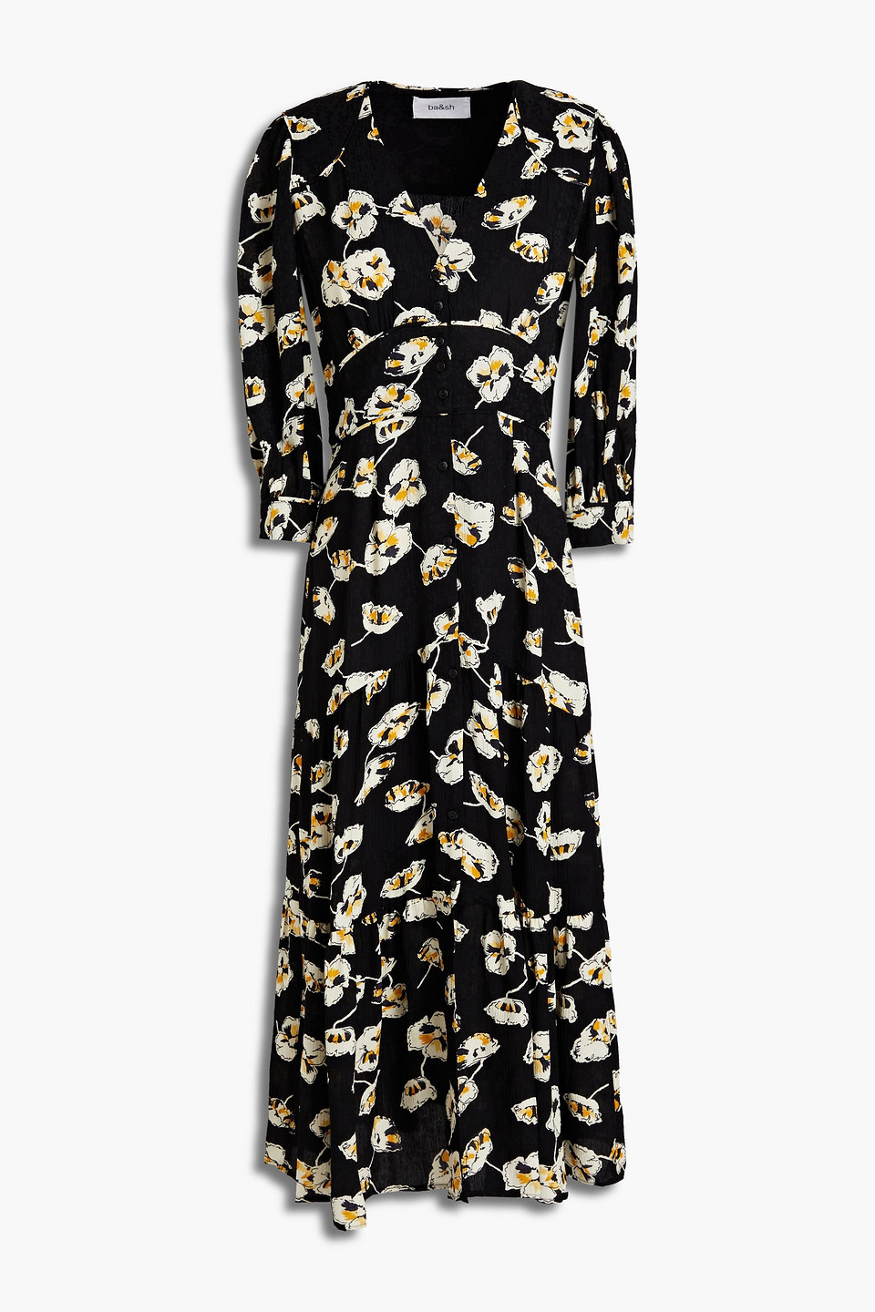ba&sh - ullia gathered floral-print satin-jacquard midi dress - black - 1