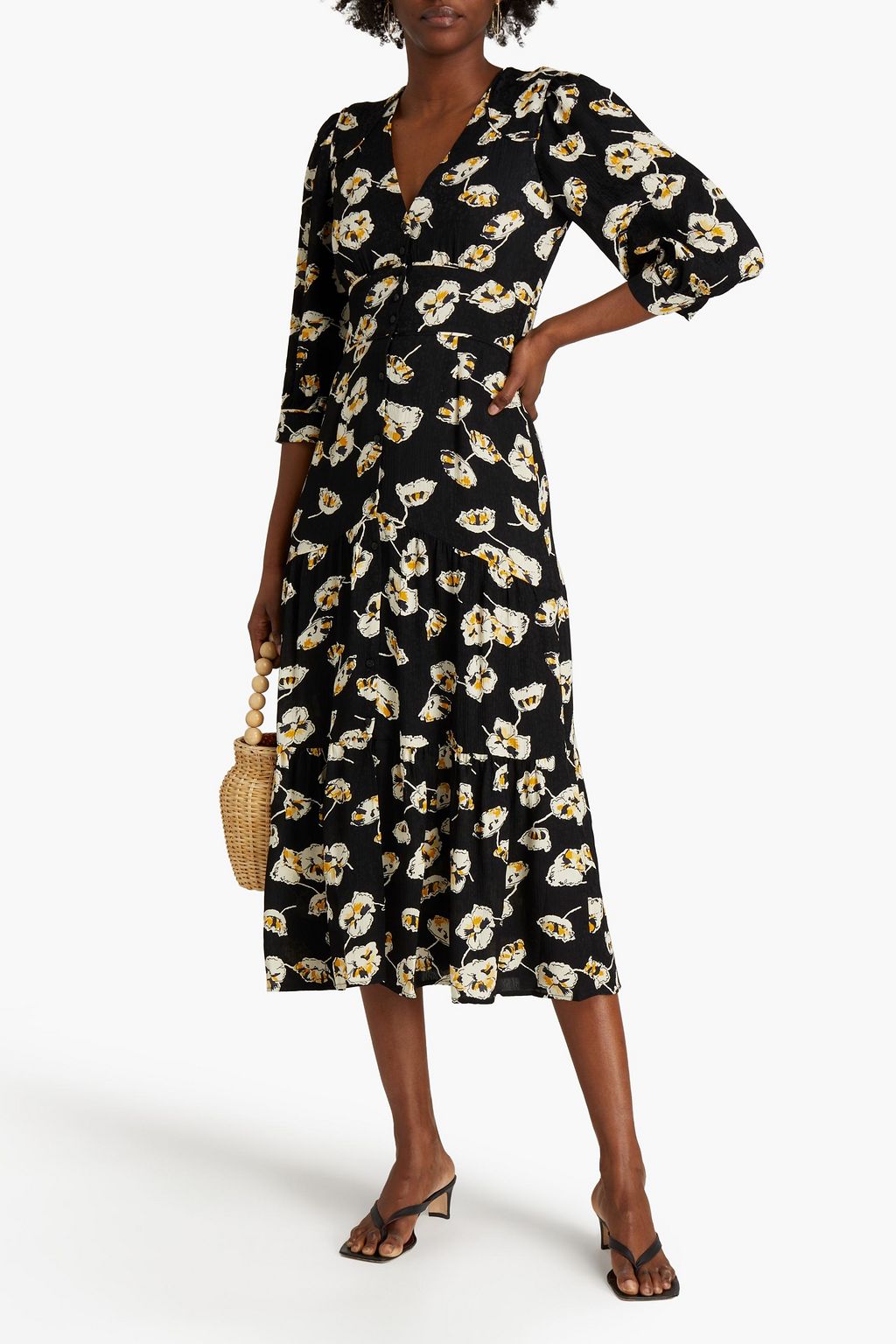 BA&SH Ullia gathered floral-print satin-jacquard midi dress
