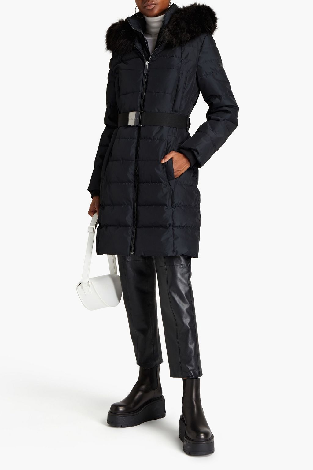 DKNY Faux fur-trimmed quilted shell hooded coat