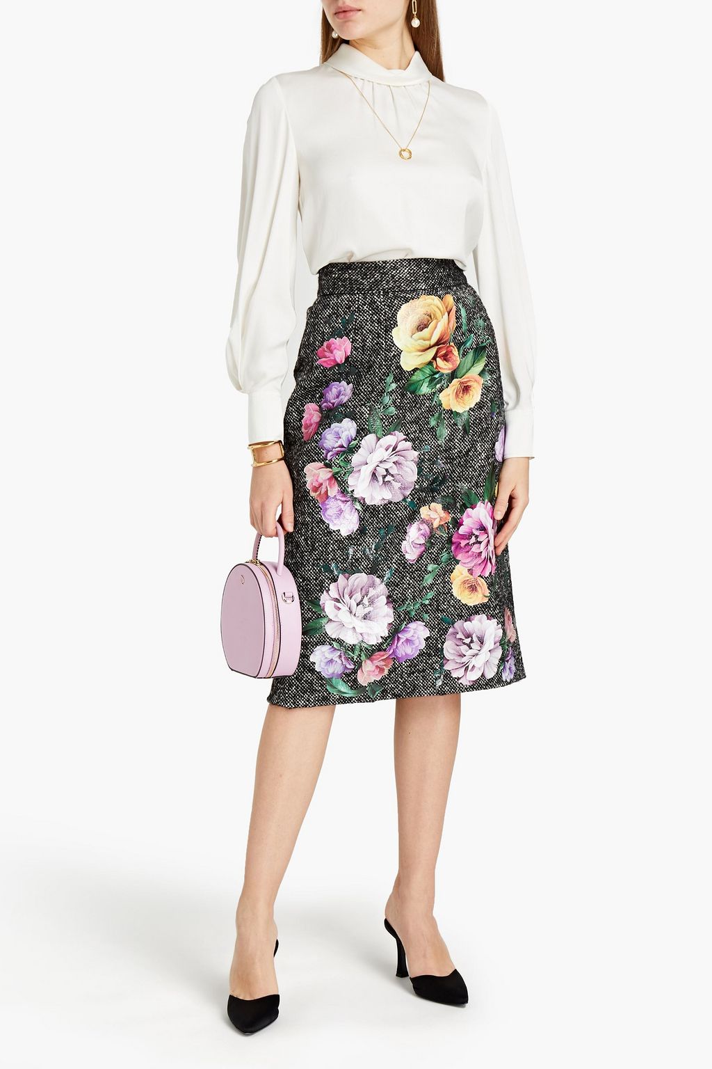 DOLCE&GABBANA Rock aus Tweed mit floralen Applikationen