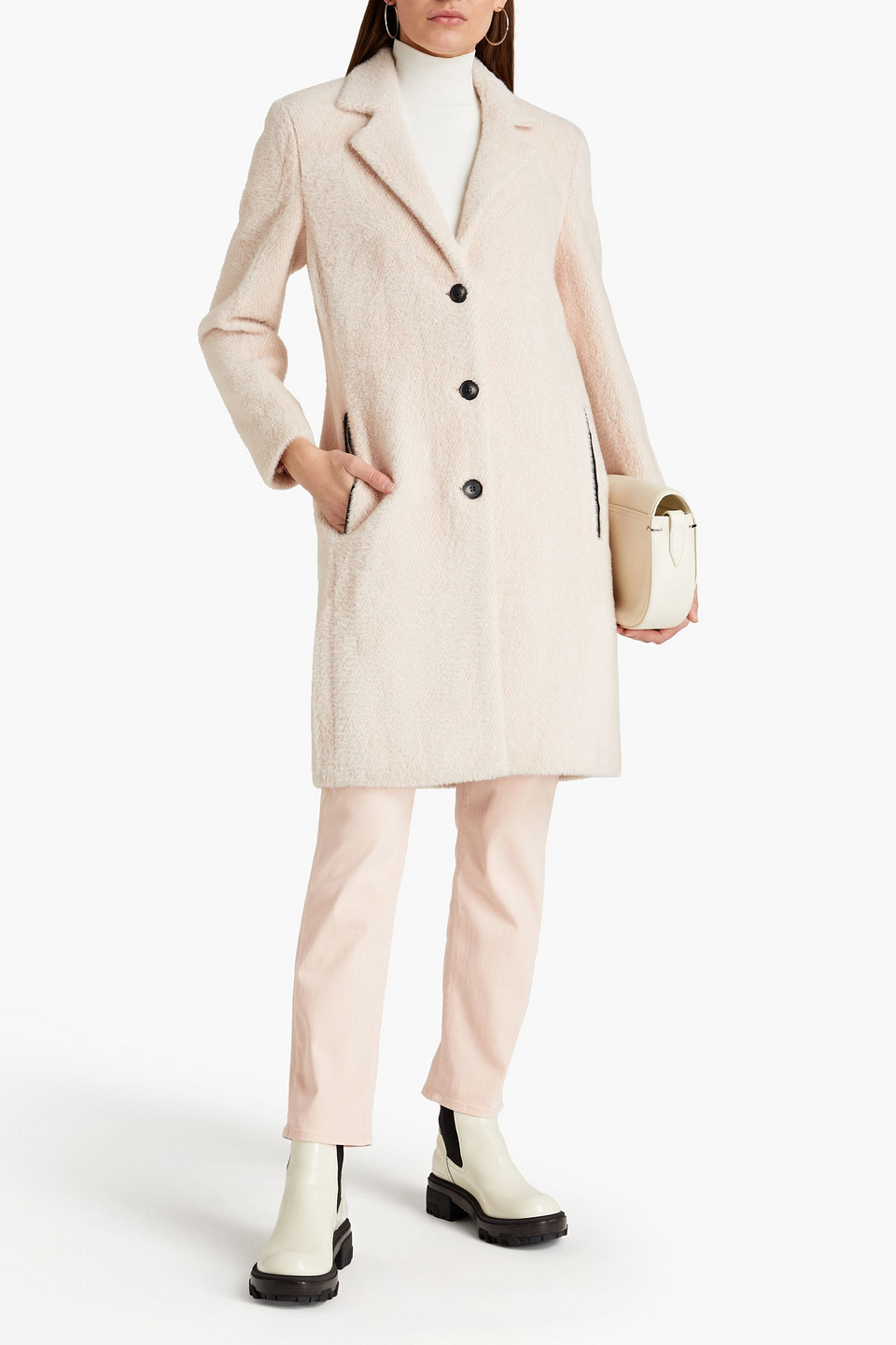 Dkny Brushed Herringbone Knitted Coat In Pink