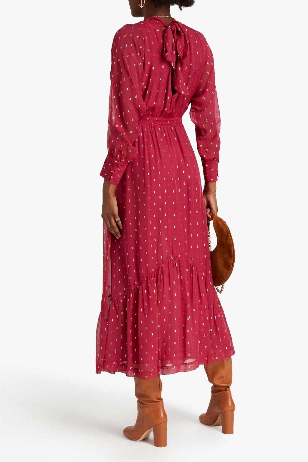 BA&SH Romy gathered metallic fil coupé georgette midi dress
