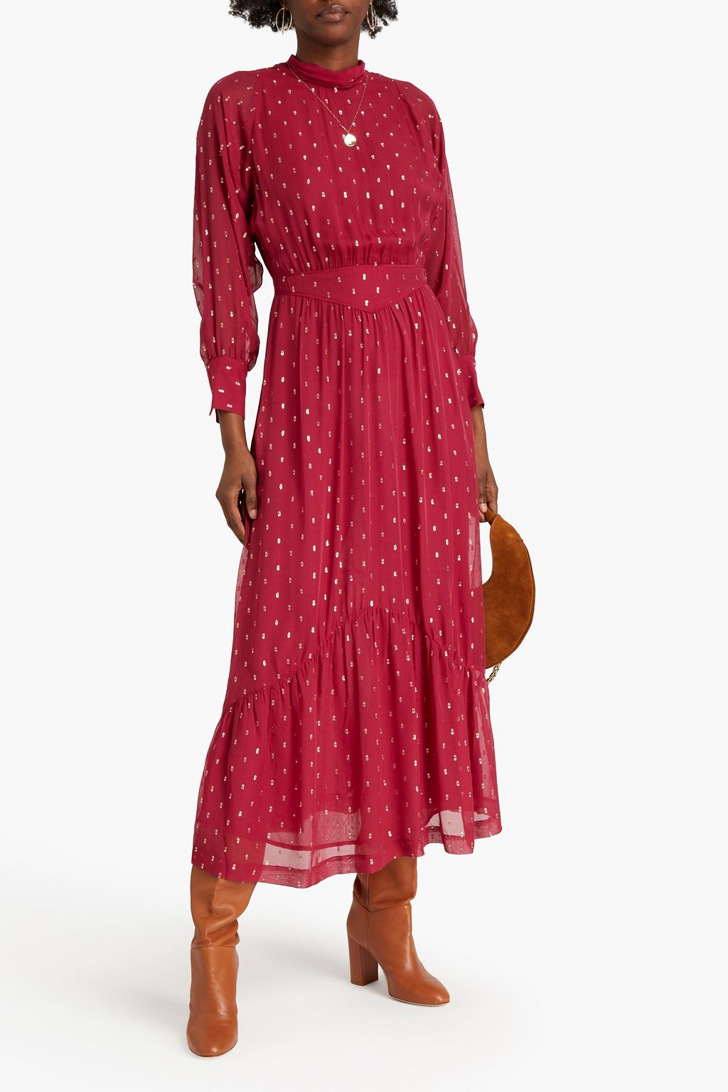 BA&SH Romy gathered metallic fil coupé georgette midi dress
