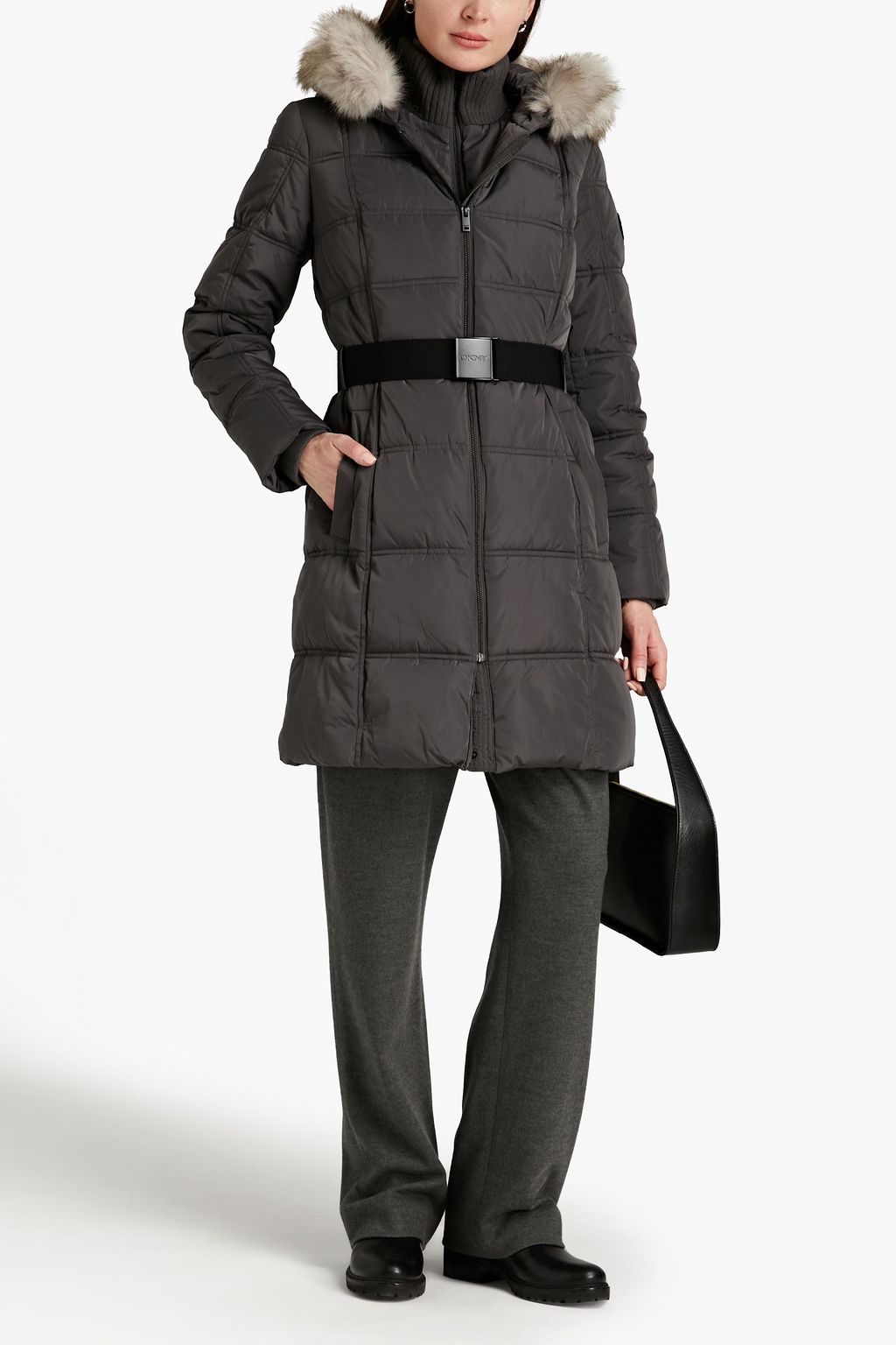 DKNY Faux fur-trimmed quilted shell hooded coat