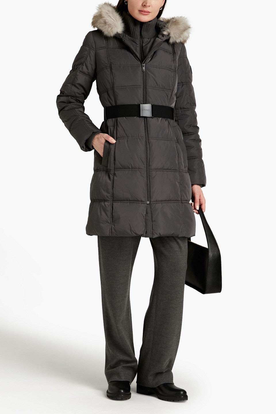 Dkny Faux Fur-trimmed Quilted Shell Hooded Coat In Dark Grey